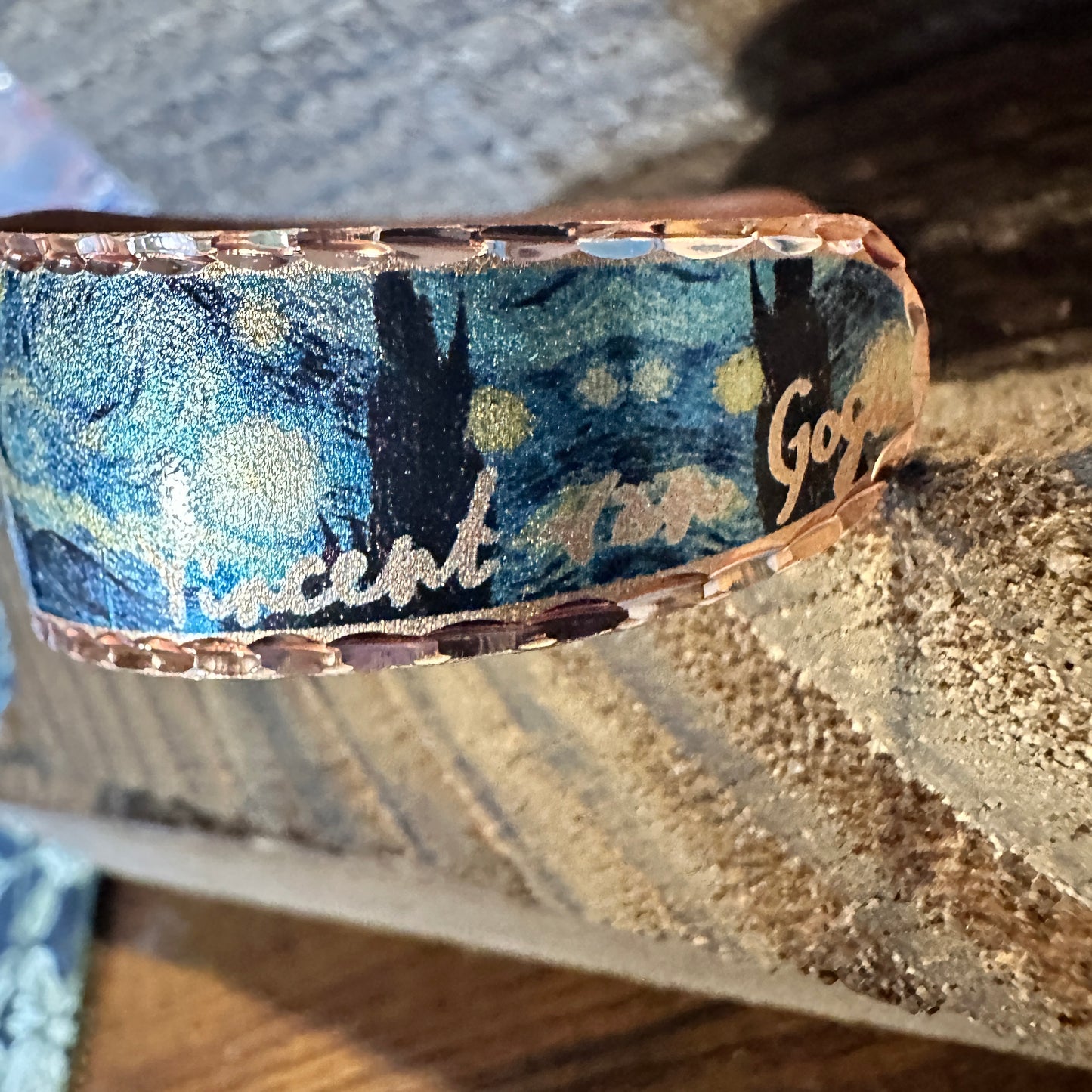 Handmade Boho Copper Wide Cuff Bracelet, Diamond Cut Van Gogh Starry Night Bracelet, Gift Box - Silver Elegant