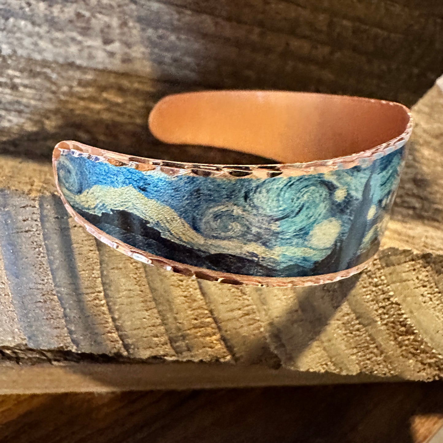 Handmade Boho Copper Wide Cuff Bracelet, Diamond Cut Van Gogh Starry Night Bracelet, Gift Box - Silver Elegant