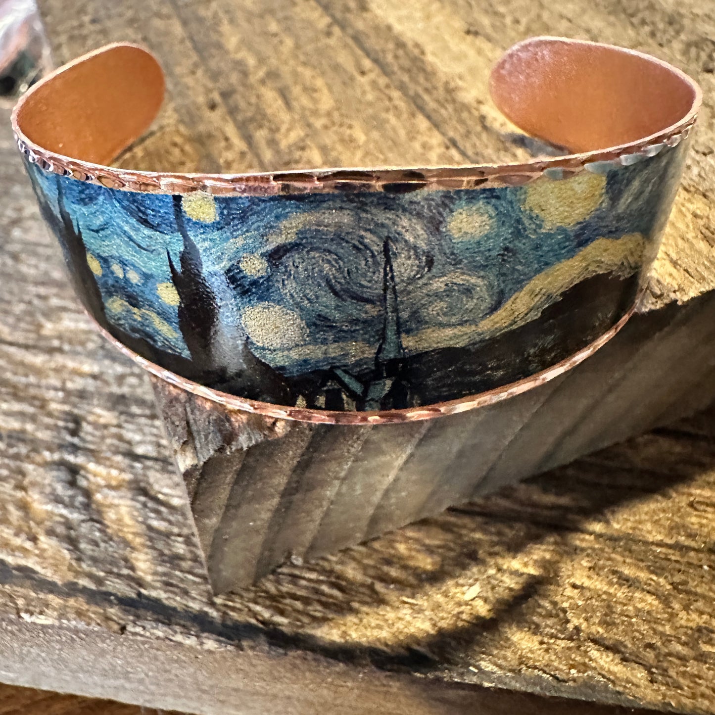 Handmade Boho Copper Wide Cuff Bracelet, Diamond Cut Van Gogh Starry Night Bracelet, Gift Box - Silver Elegant