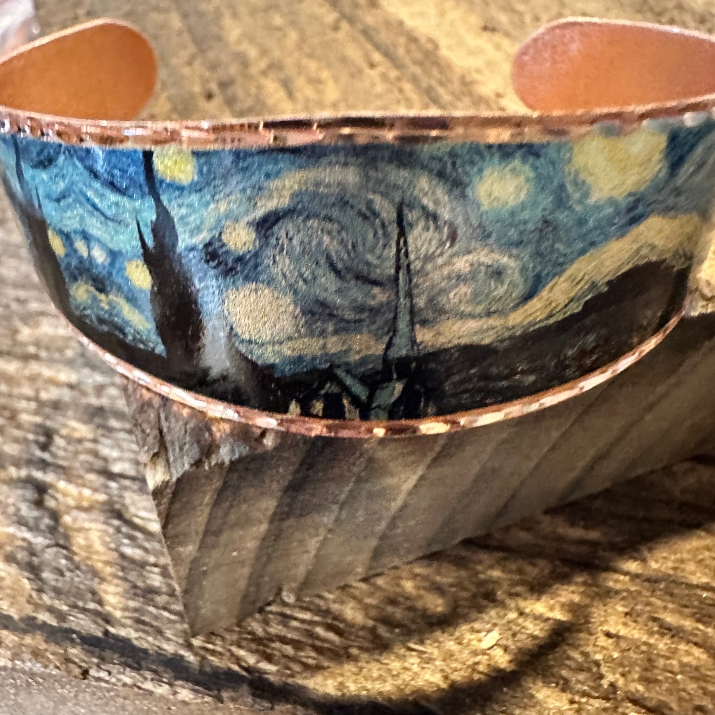 Handmade Boho Copper Wide Cuff Bracelet, Diamond Cut Van Gogh Starry Night Bracelet, Gift Box - Silver Elegant