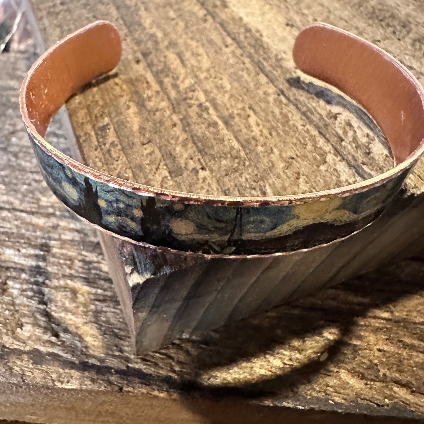 Handmade Boho Copper Narrow Cuff Bracelet, Diamond Cut Van Gogh Starry Night Bracelet, Gift Box - Silver Elegant