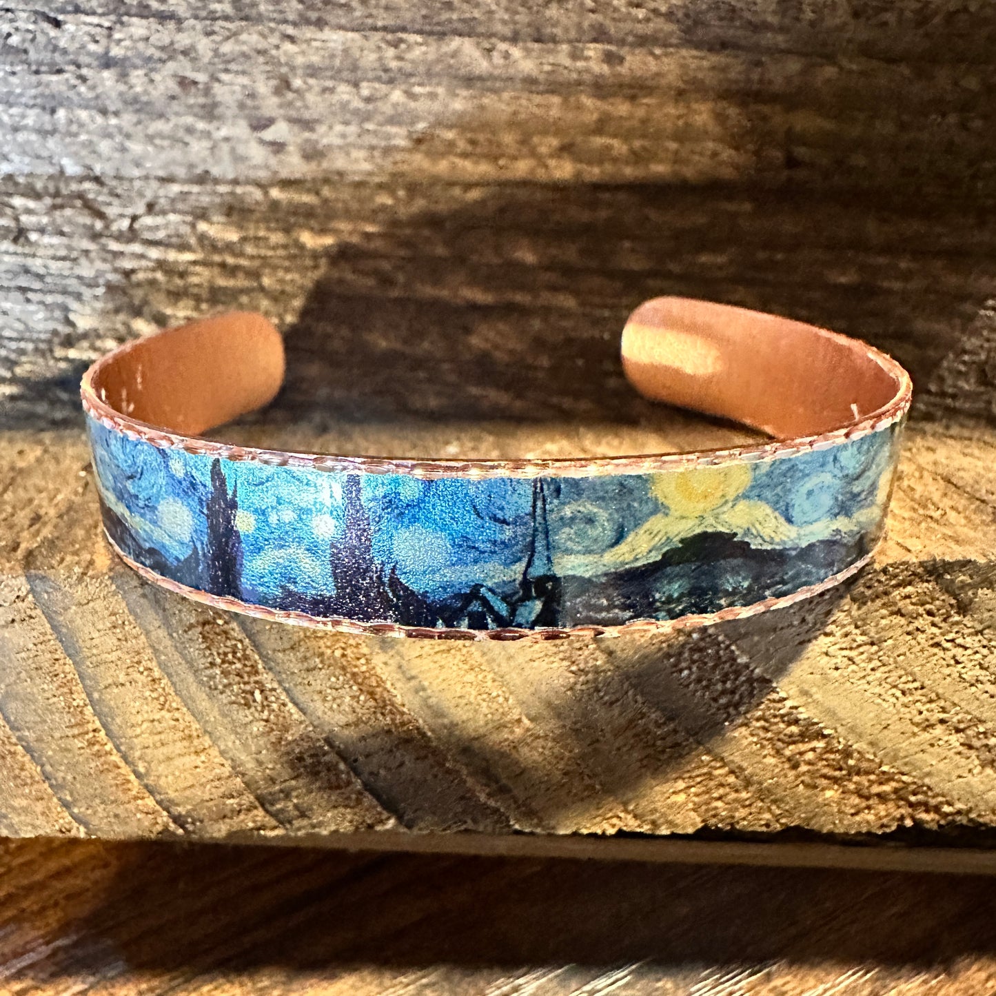 Handmade Boho Copper Narrow Cuff Bracelet, Diamond Cut Van Gogh Starry Night Bracelet, Gift Box - Silver Elegant