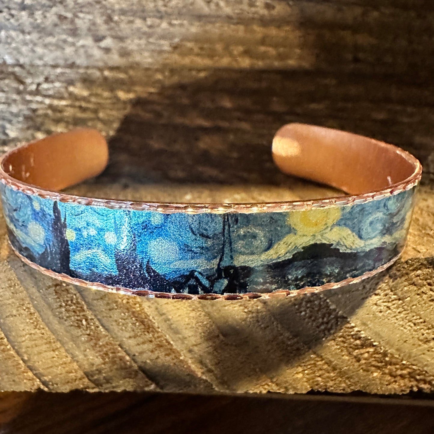 Handmade Boho Copper Narrow Cuff Bracelet, Diamond Cut Van Gogh Starry Night Bracelet, Gift Box - Silver Elegant