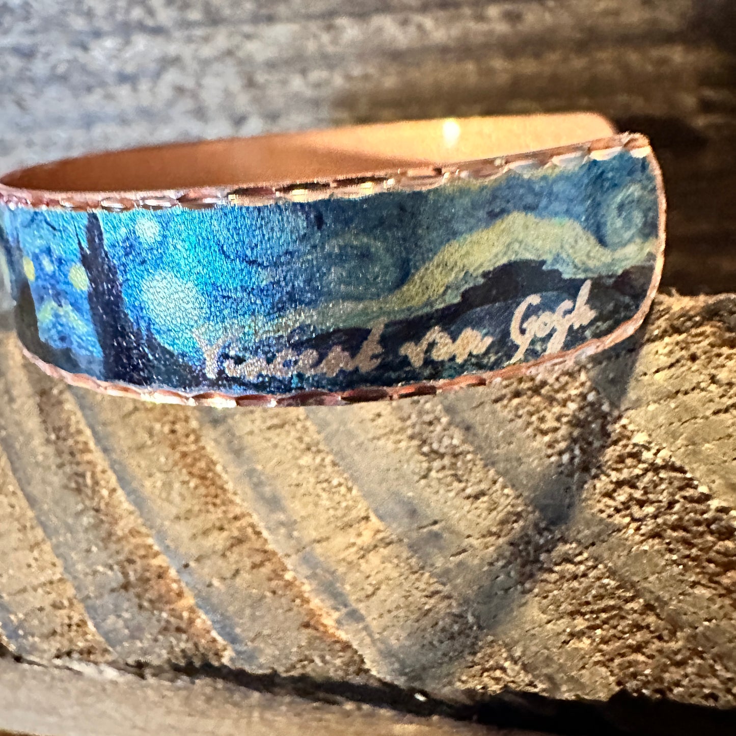 Handmade Boho Copper Narrow Cuff Bracelet, Diamond Cut Van Gogh Starry Night Bracelet, Gift Box - Silver Elegant