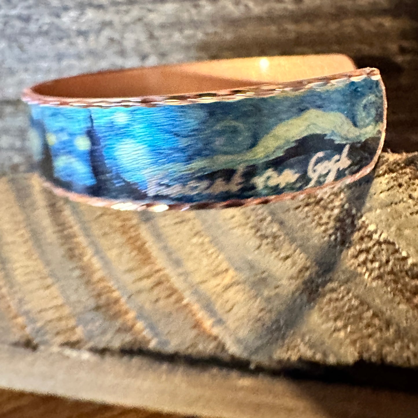 Handmade Boho Copper Narrow Cuff Bracelet, Diamond Cut Van Gogh Starry Night Bracelet, Gift Box - Silver Elegant