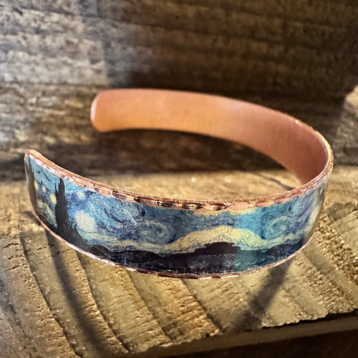 Handmade Boho Copper Narrow Cuff Bracelet, Diamond Cut Van Gogh Starry Night Bracelet, Gift Box - Silver Elegant