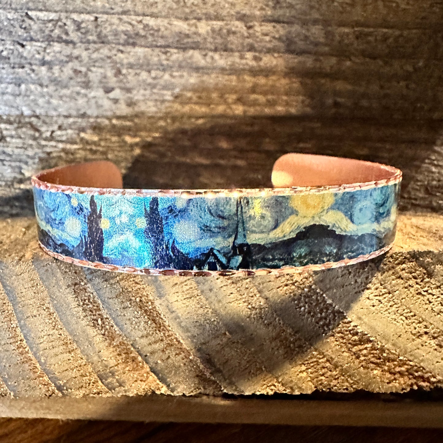 Handmade Boho Copper Narrow Cuff Bracelet, Diamond Cut Van Gogh Starry Night Bracelet, Gift Box - Silver Elegant