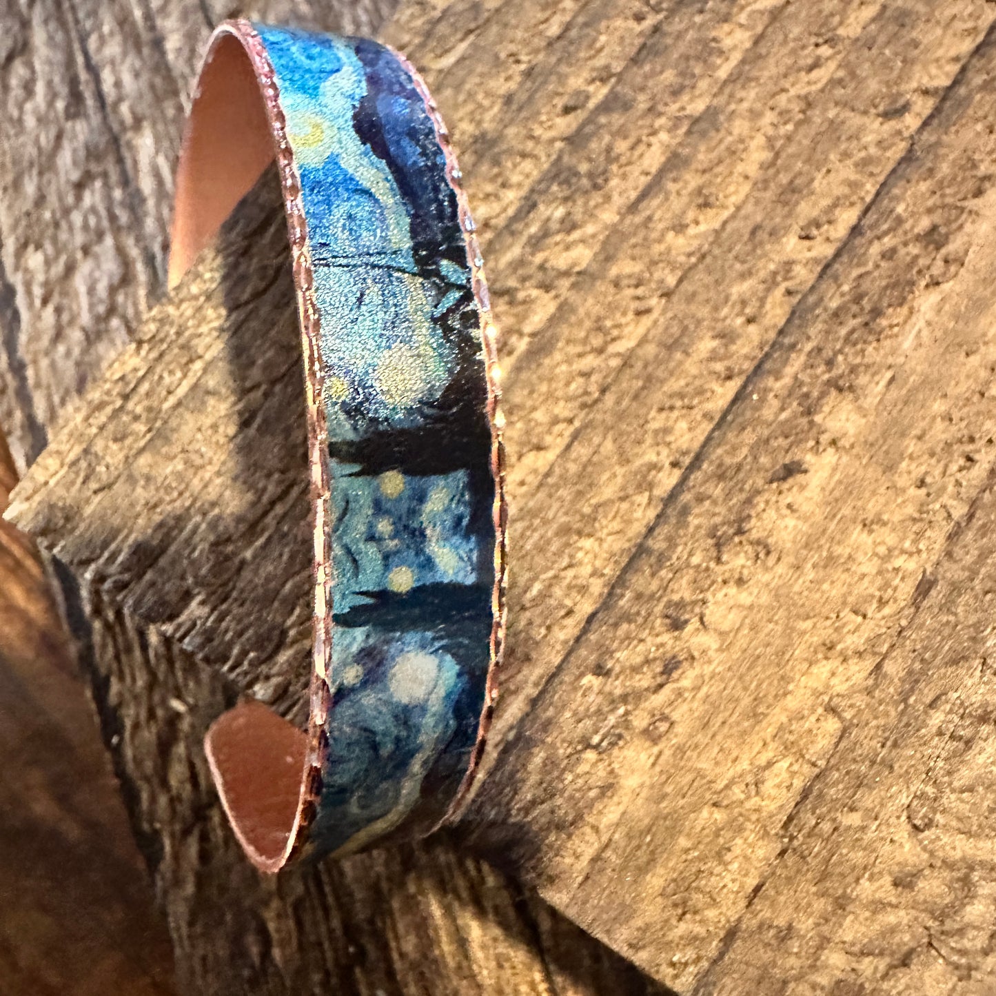 Handmade Boho Copper Narrow Cuff Bracelet, Diamond Cut Van Gogh Starry Night Bracelet, Gift Box - Silver Elegant