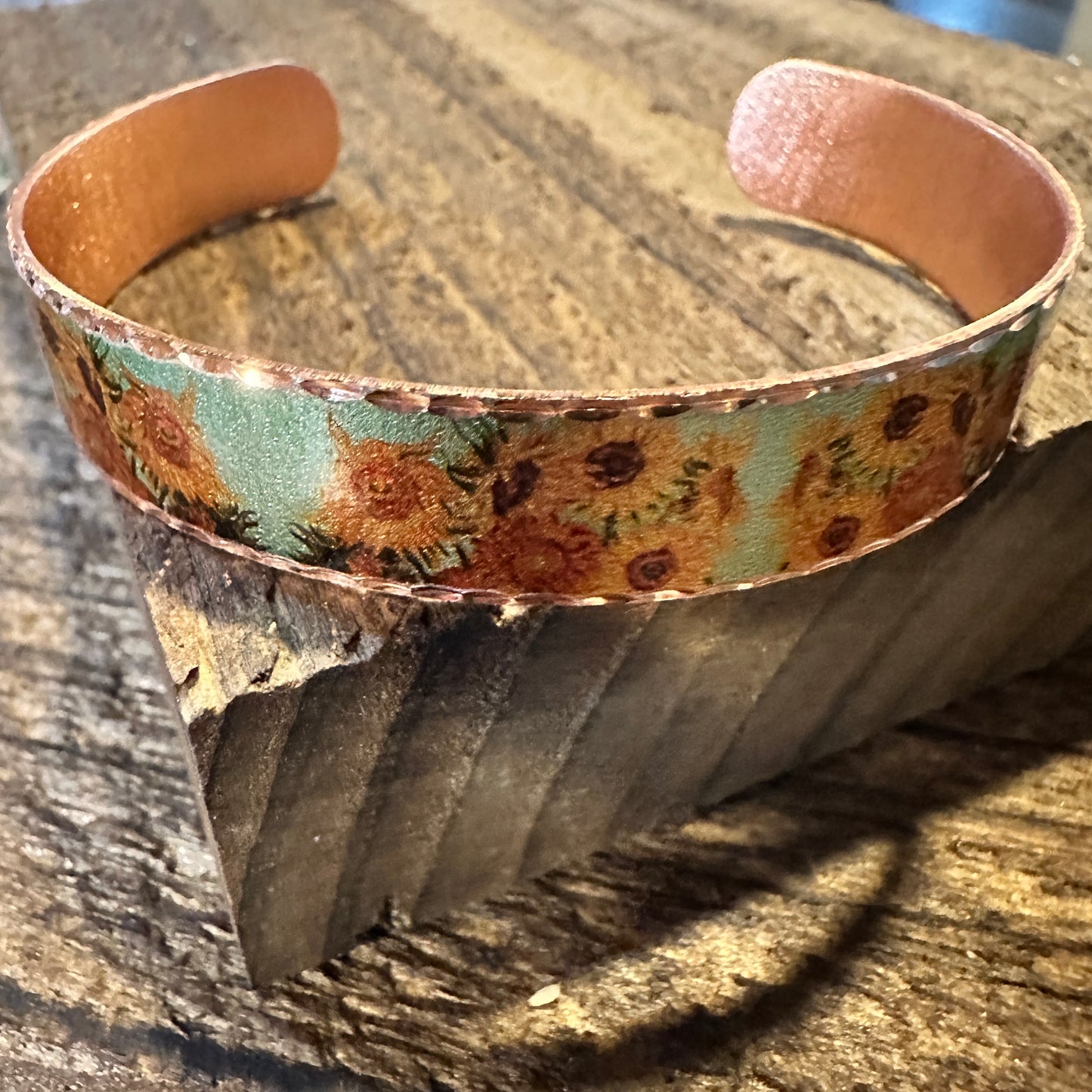 Handmade Boho Copper Narrow Cuff Bracelet, Diamond Cut Van Gogh Sunflowers Bracelet, Gift Box - Silver Elegant