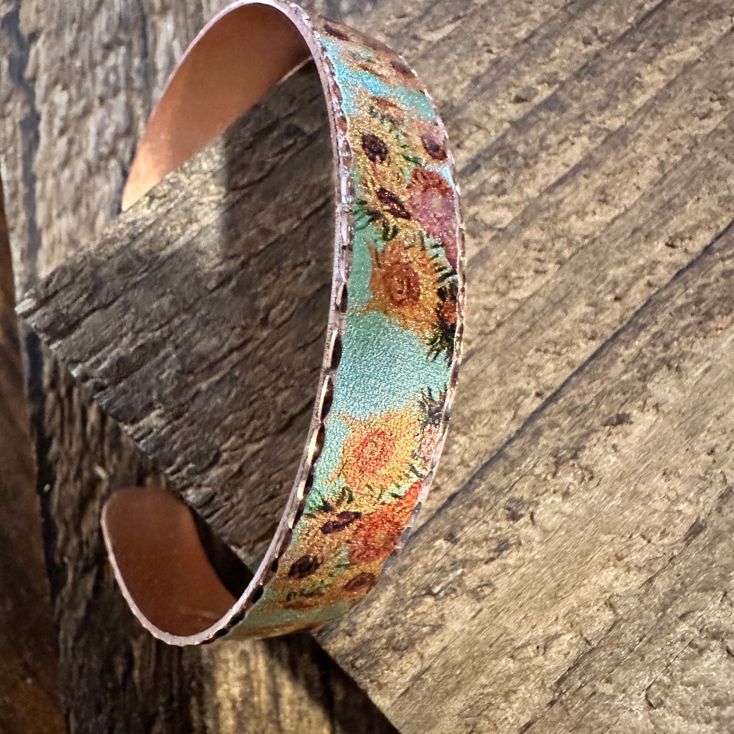 Handmade Boho Copper Narrow Cuff Bracelet, Diamond Cut Van Gogh Sunflowers Bracelet, Gift Box - Silver Elegant