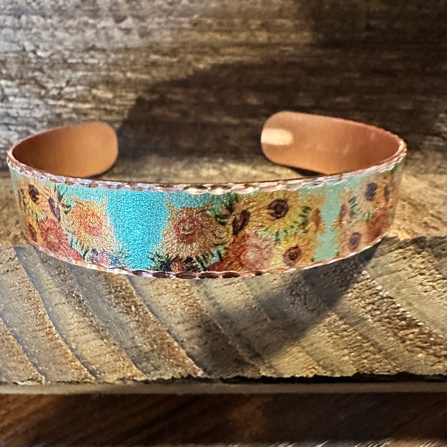 Handmade Boho Copper Narrow Cuff Bracelet, Diamond Cut Van Gogh Sunflowers Bracelet, Gift Box - Silver Elegant