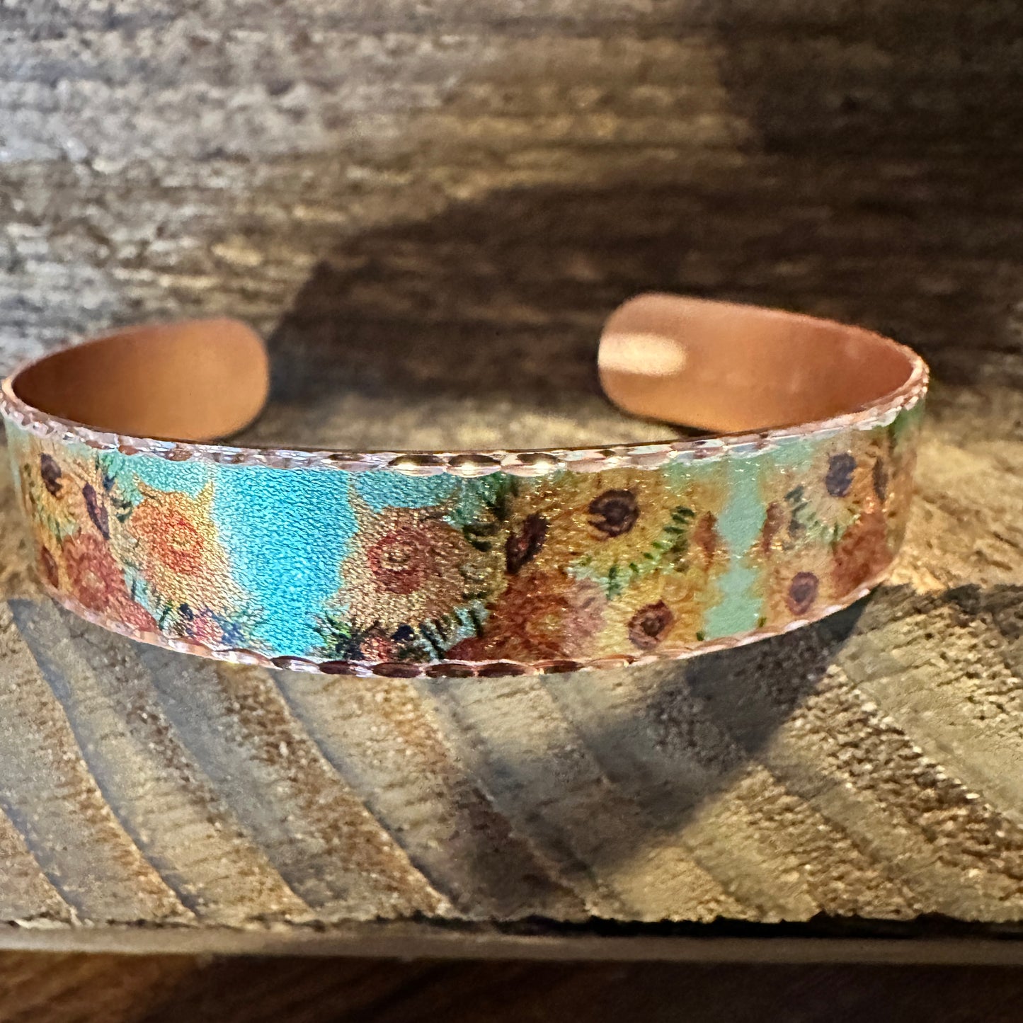 Handmade Boho Copper Narrow Cuff Bracelet, Diamond Cut Van Gogh Sunflowers Bracelet, Gift Box - Silver Elegant