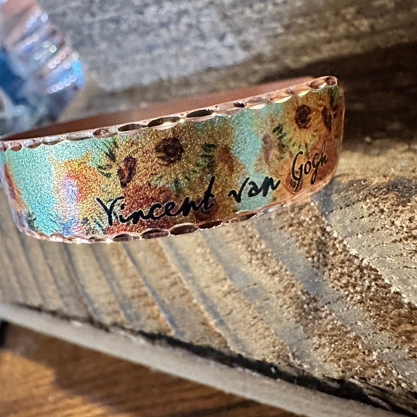 Handmade Boho Copper Narrow Cuff Bracelet, Diamond Cut Van Gogh Sunflowers Bracelet, Gift Box - Silver Elegant