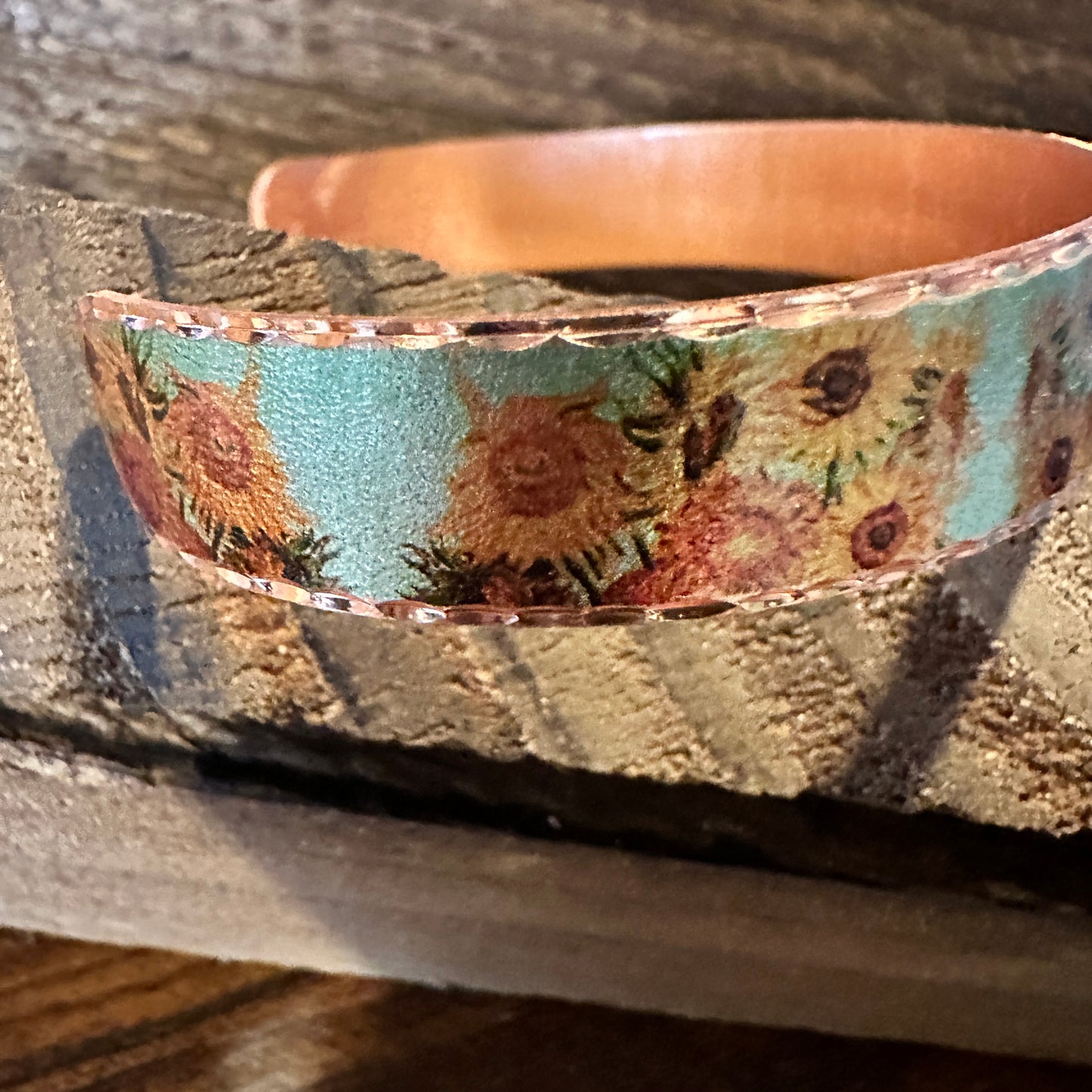 Handmade Boho Copper Narrow Cuff Bracelet, Diamond Cut Van Gogh Sunflowers Bracelet, Gift Box - Silver Elegant