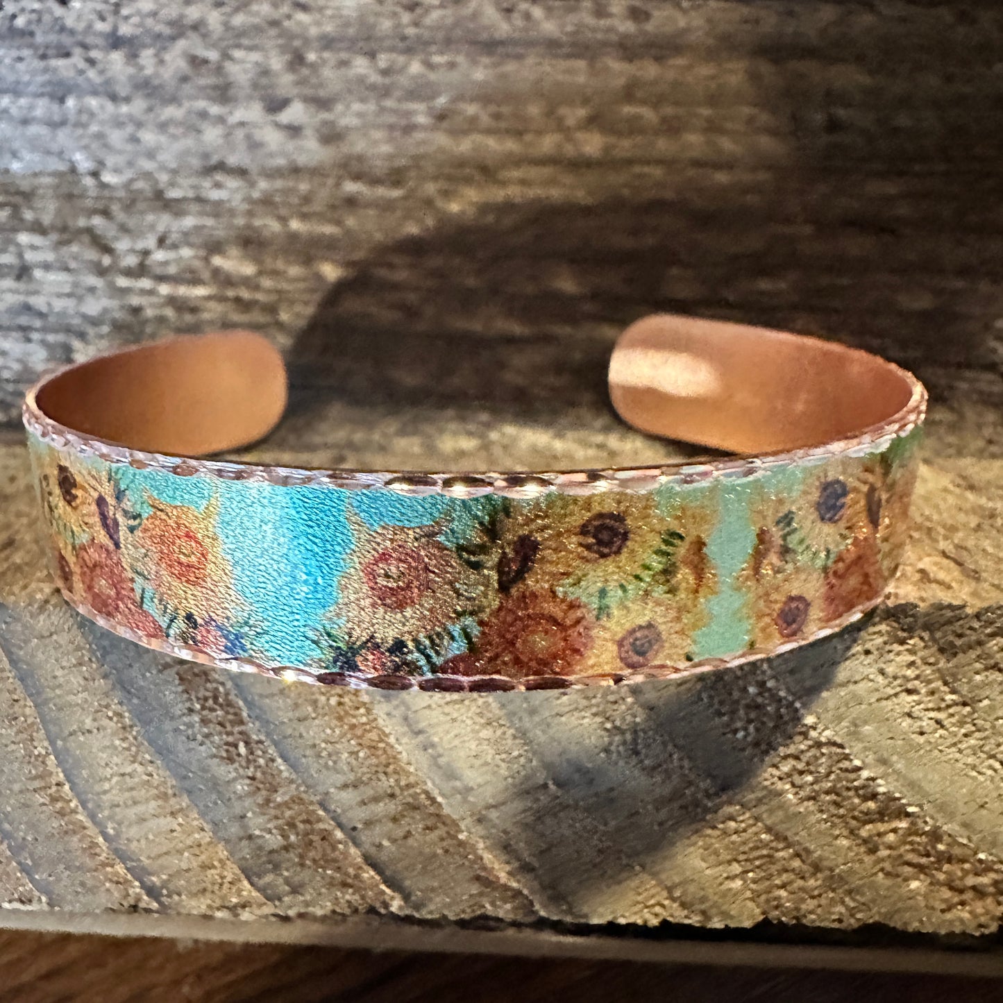Handmade Boho Copper Narrow Cuff Bracelet, Diamond Cut Van Gogh Sunflowers Bracelet, Gift Box - Silver Elegant