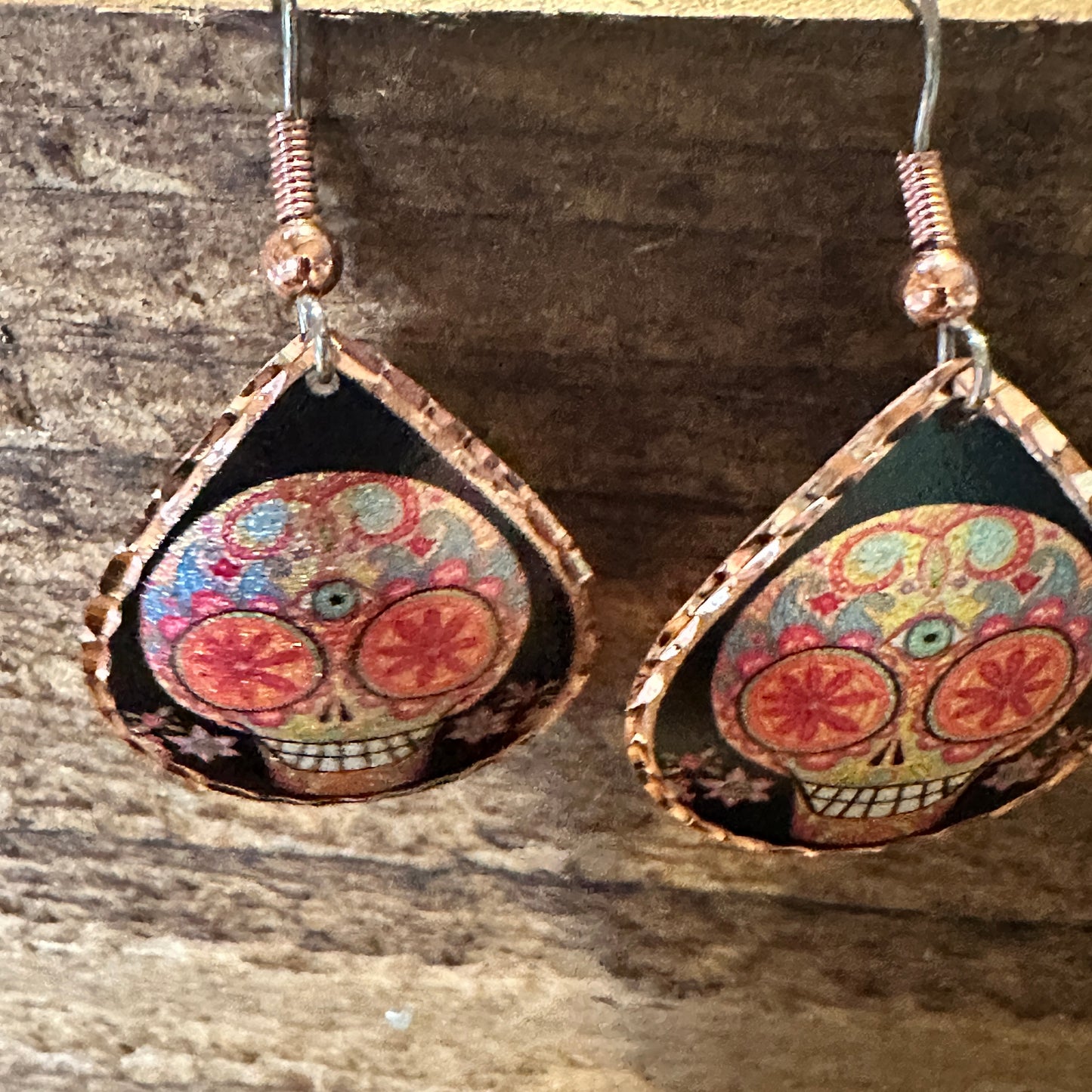 Handmade Boho Copper Earrings, Day of The Dead Wire Earrings, Gift Box - Silver Elegant