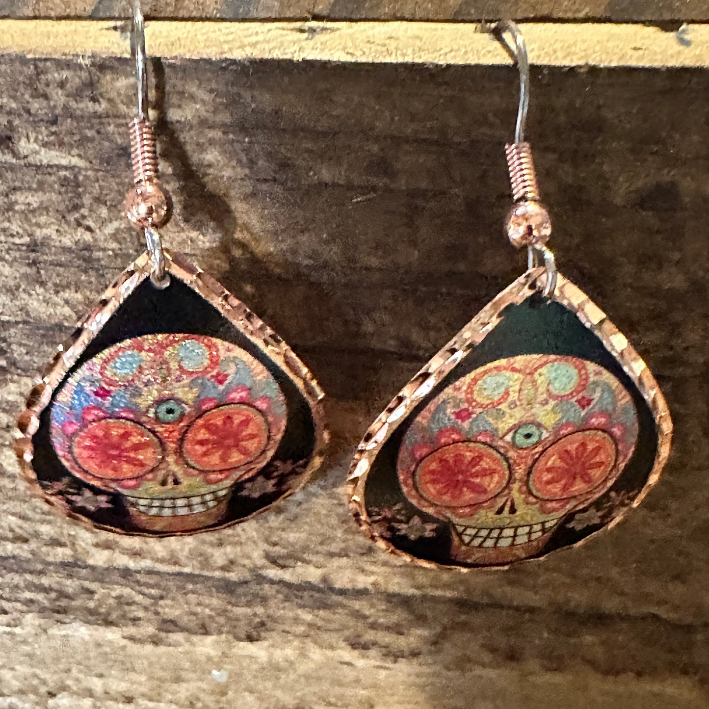 Handmade Boho Copper Earrings, Day of The Dead Wire Earrings, Gift Box - Silver Elegant