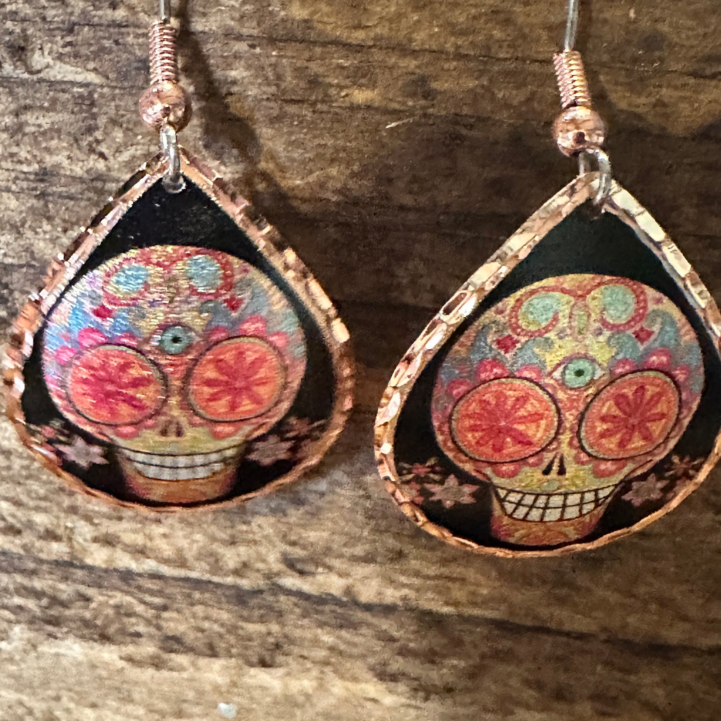 Handmade Boho Copper Earrings, Day of The Dead Wire Earrings, Gift Box - Silver Elegant