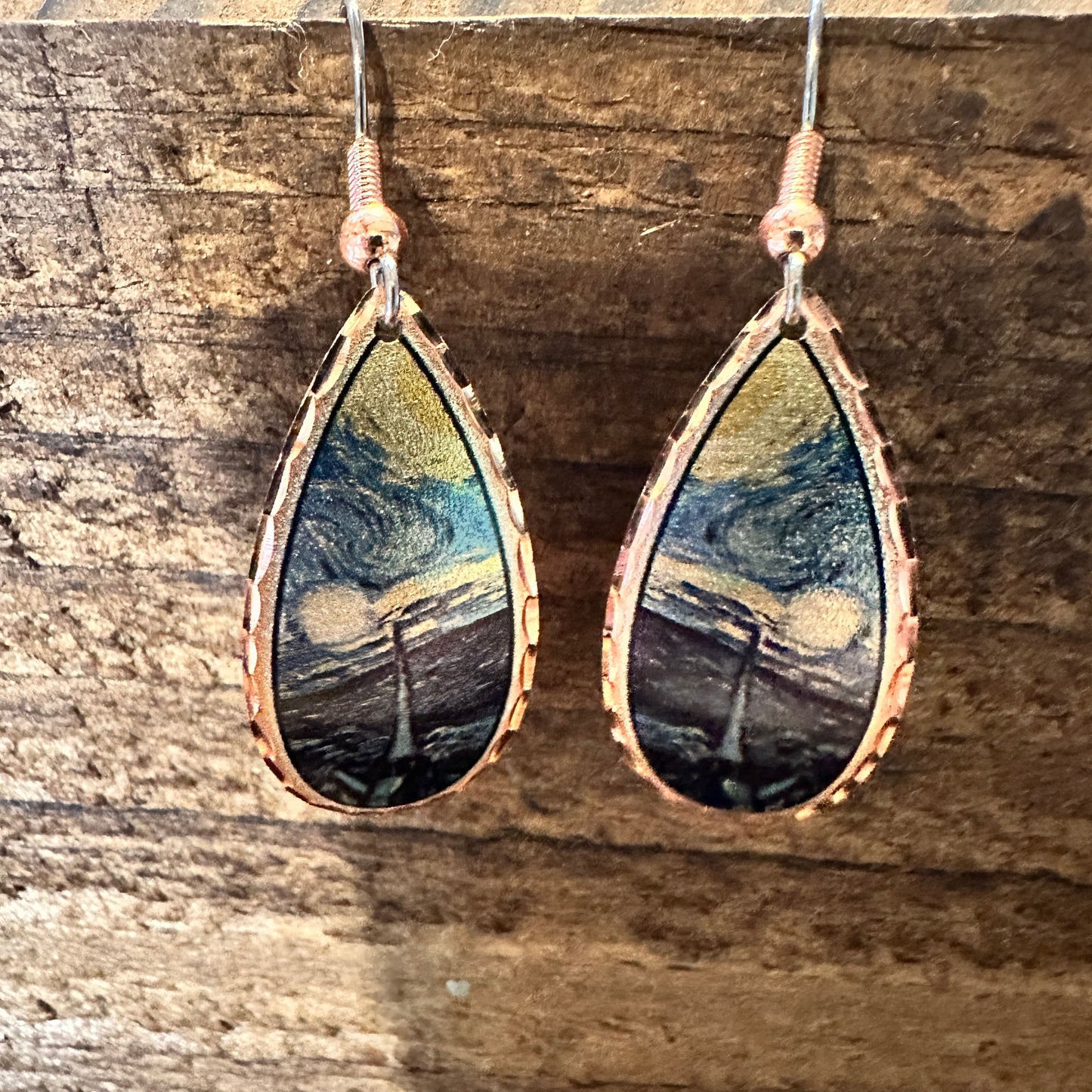 Handmade Boho Copper Earrings, Diamond Cut Van Gogh Starry Night Design Earrings, Gift Box - Silver Elegant