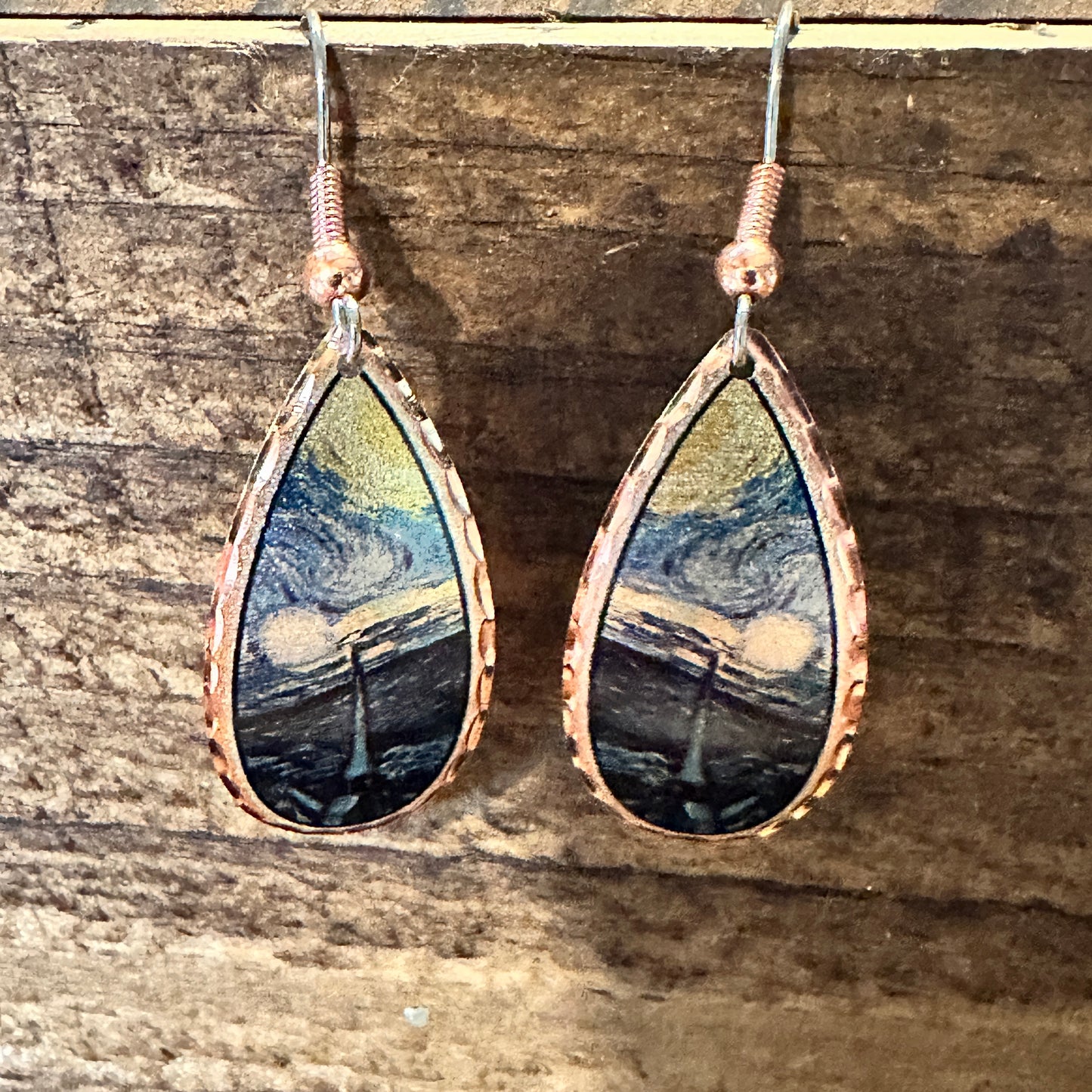 Handmade Boho Copper Earrings, Diamond Cut Van Gogh Starry Night Design Earrings, Gift Box - Silver Elegant