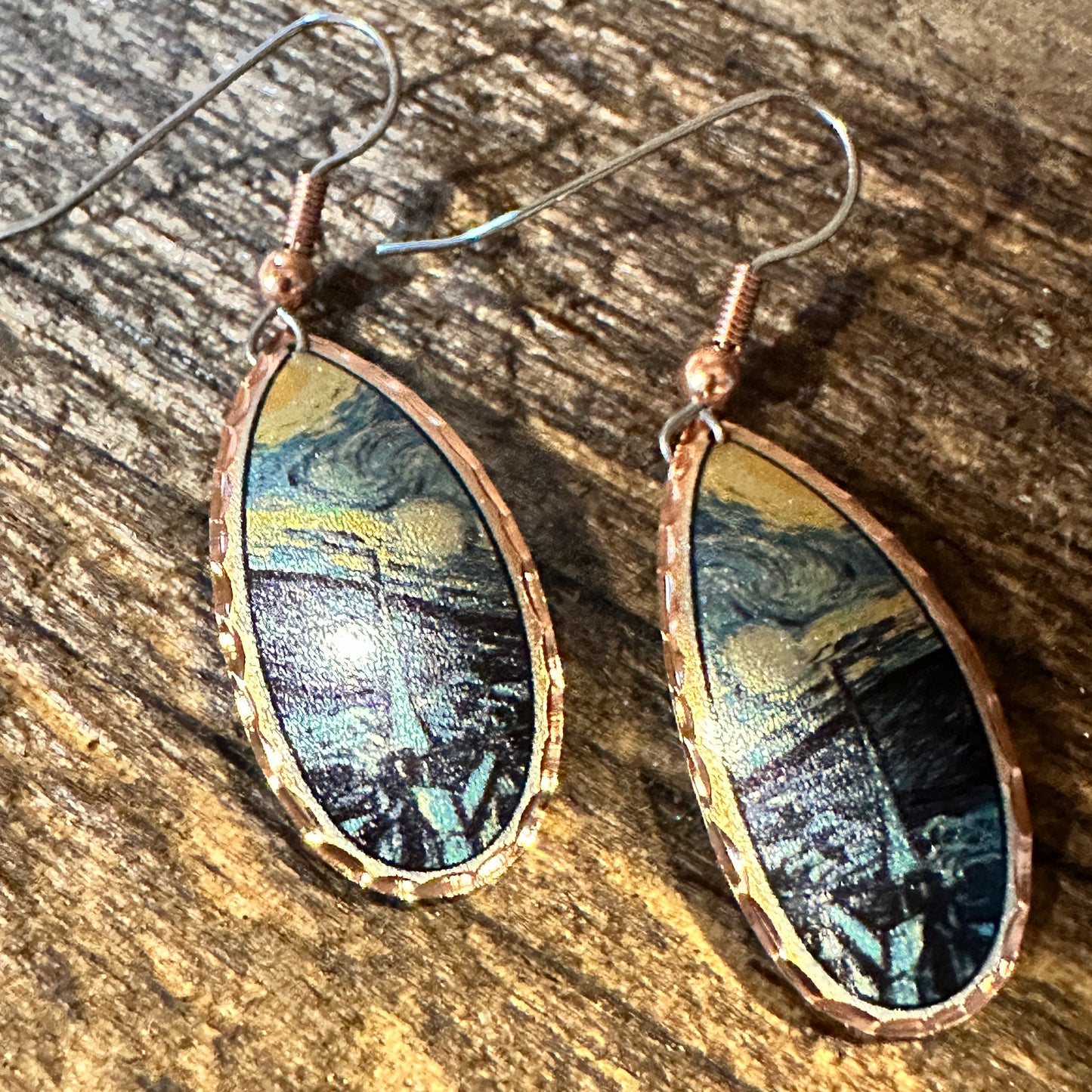 Handmade Boho Copper Earrings, Diamond Cut Van Gogh Starry Night Design Earrings, Gift Box - Silver Elegant