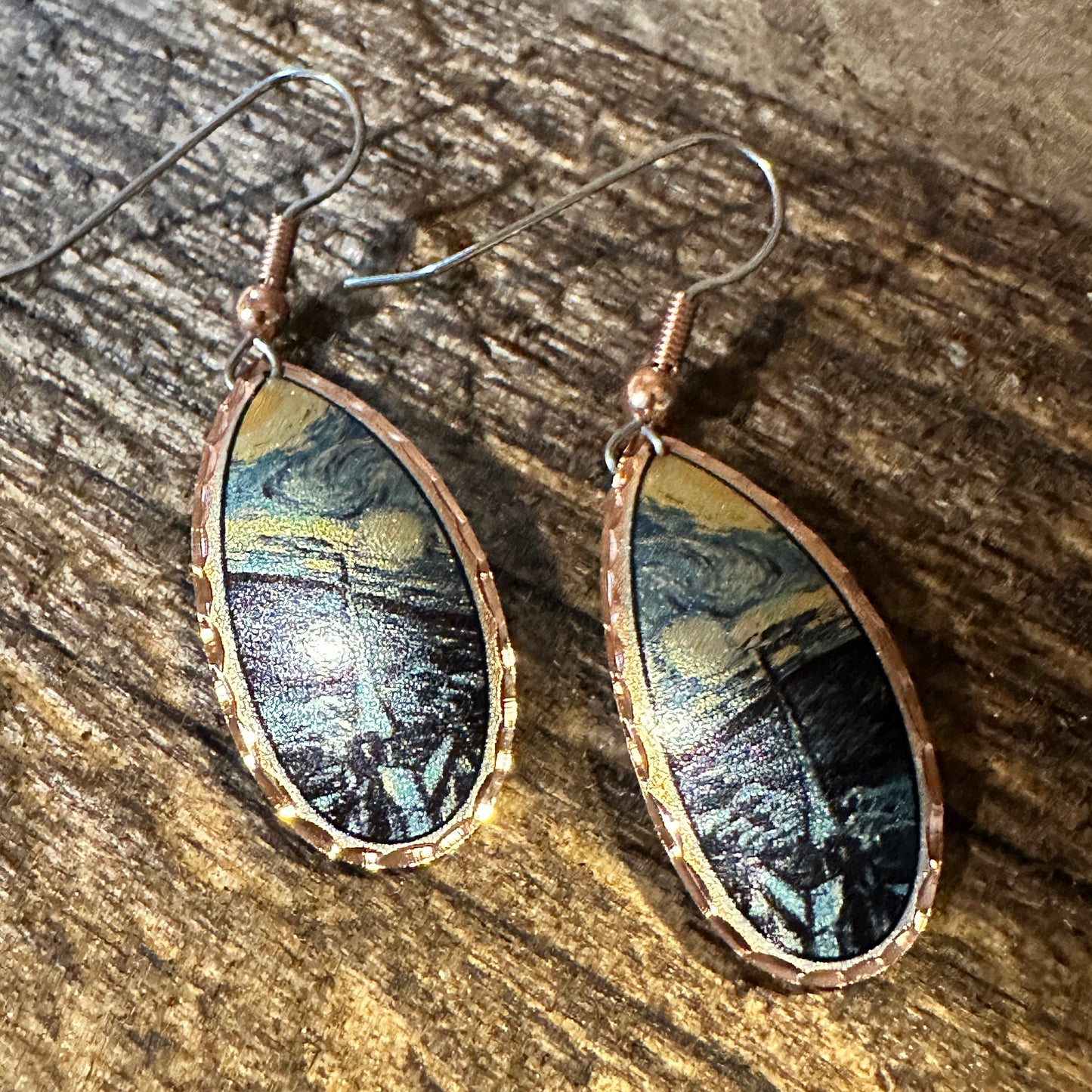 Handmade Boho Copper Earrings, Diamond Cut Van Gogh Starry Night Design Earrings, Gift Box - Silver Elegant