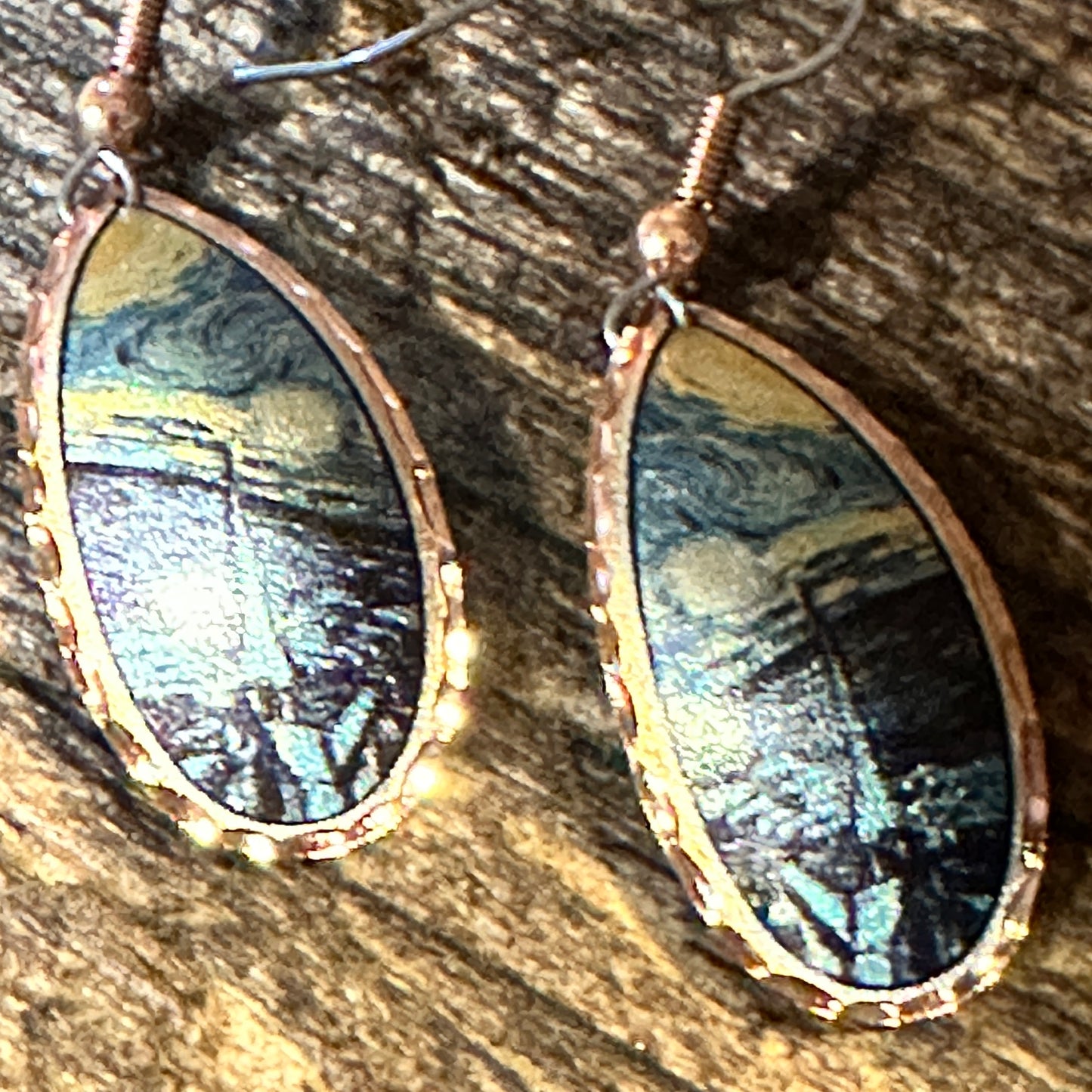 Handmade Boho Copper Earrings, Diamond Cut Van Gogh Starry Night Design Earrings, Gift Box - Silver Elegant