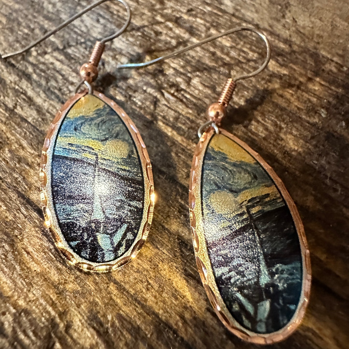 Handmade Boho Copper Earrings, Diamond Cut Van Gogh Starry Night Design Earrings, Gift Box - Silver Elegant
