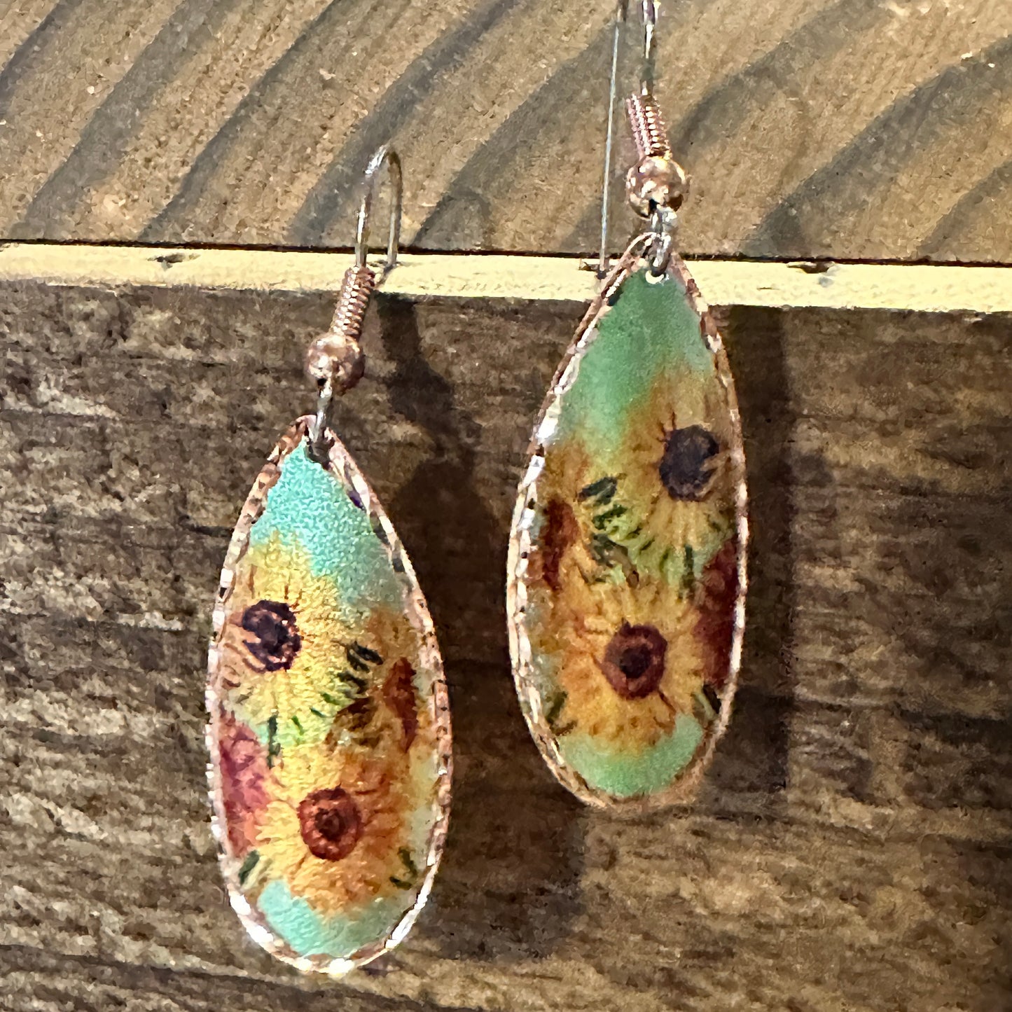 Handmade Boho Copper Earrings, Diamond Cut Van Gogh Sunflowers Earrings, Gift Box - Silver Elegant