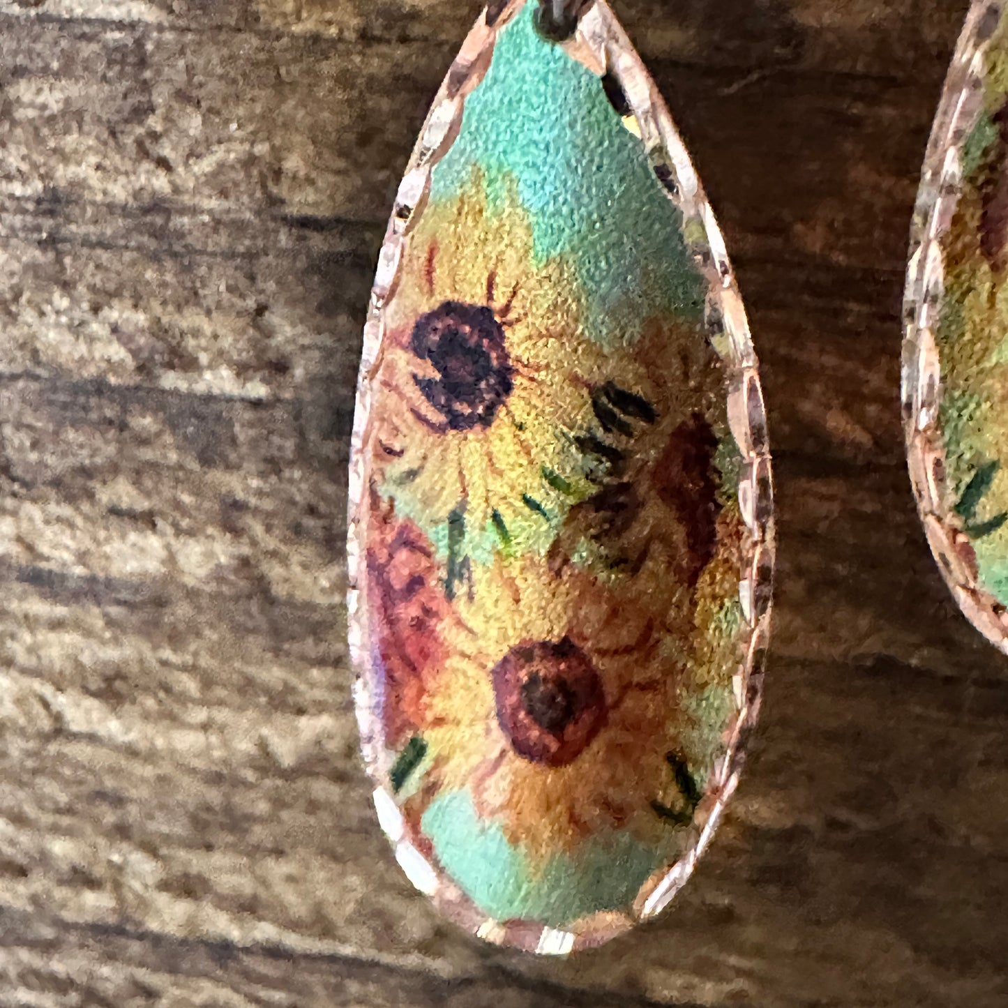 Handmade Boho Copper Earrings, Diamond Cut Van Gogh Sunflowers Earrings, Gift Box - Silver Elegant