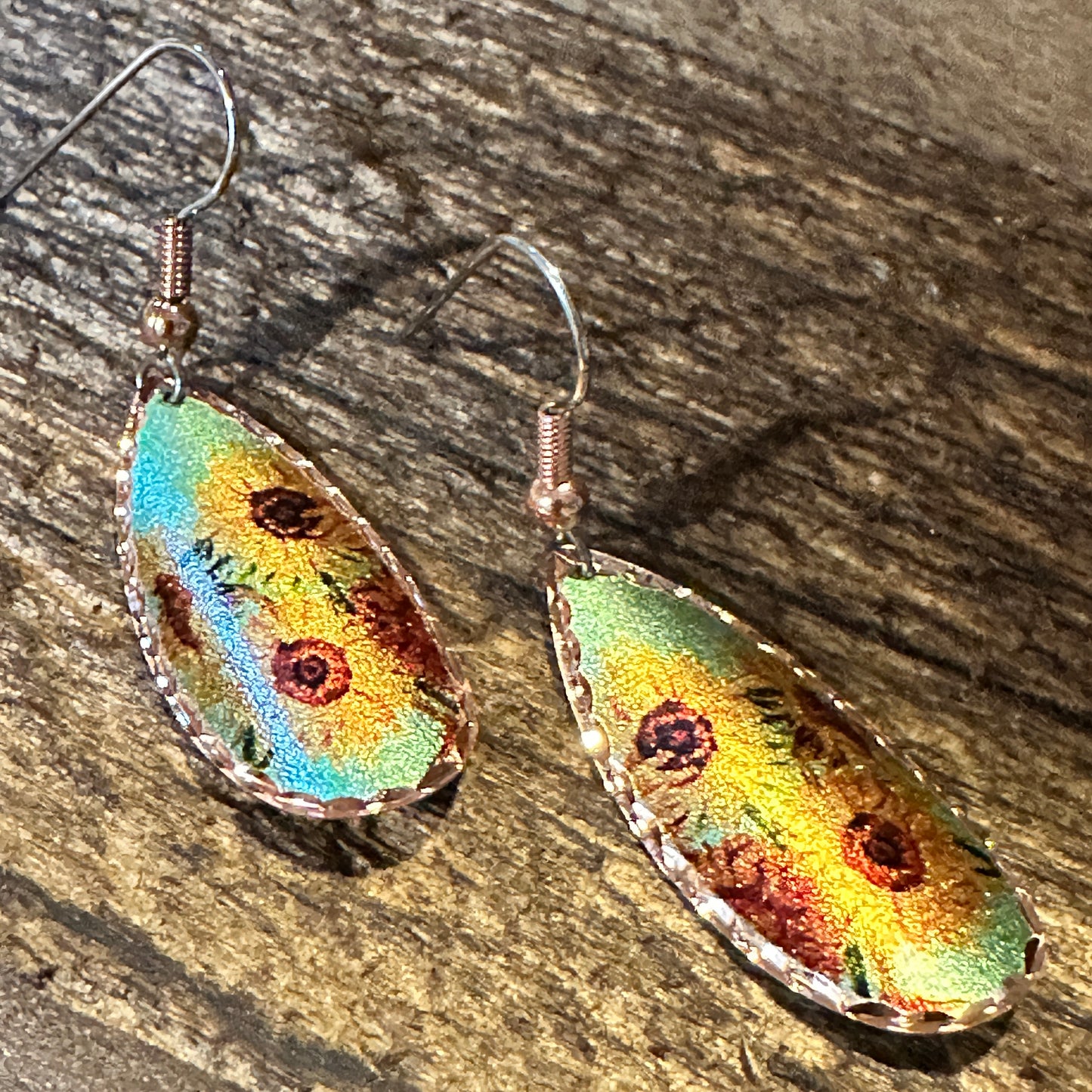 Handmade Boho Copper Earrings, Diamond Cut Van Gogh Sunflowers Earrings, Gift Box - Silver Elegant
