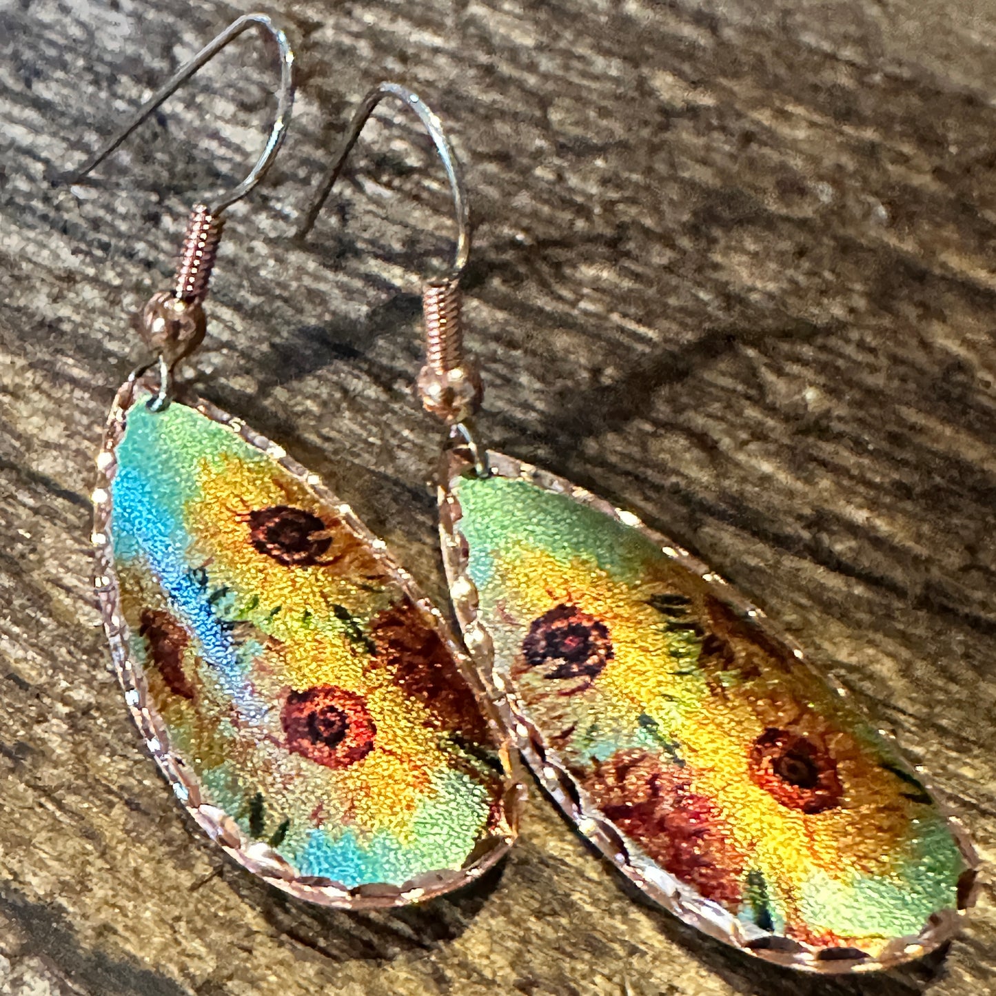 Handmade Boho Copper Earrings, Diamond Cut Van Gogh Sunflowers Earrings, Gift Box - Silver Elegant