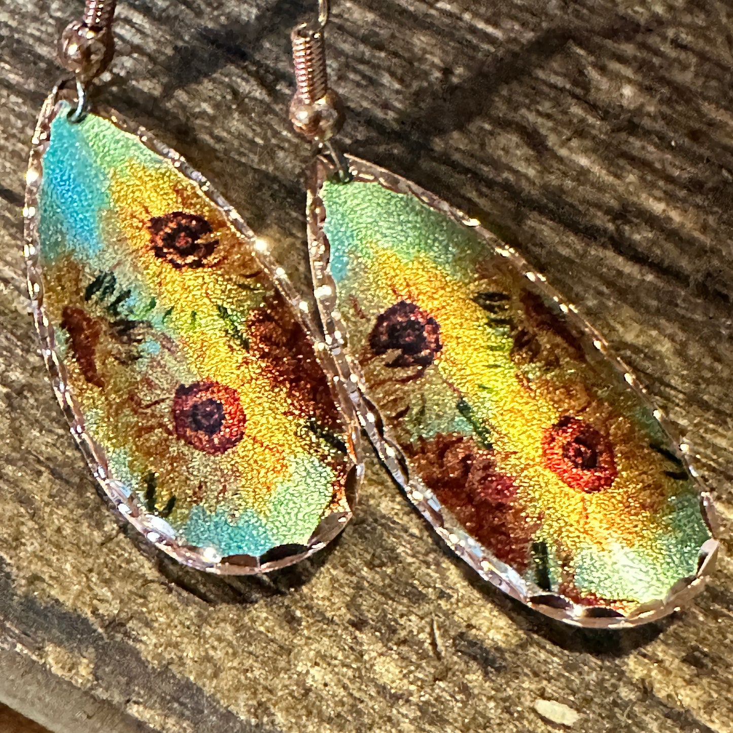 Handmade Boho Copper Earrings, Diamond Cut Van Gogh Sunflowers Earrings, Gift Box - Silver Elegant