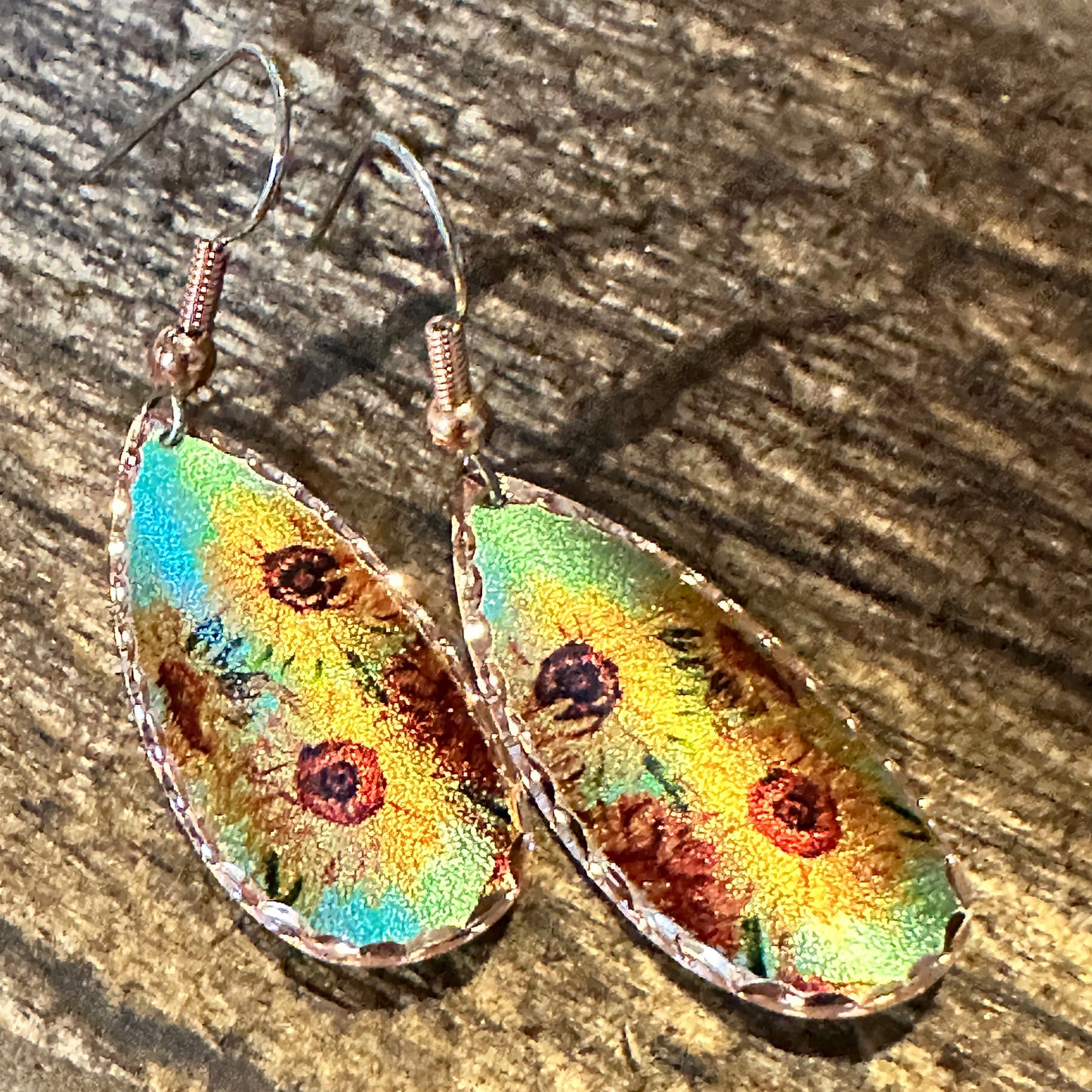 Handmade Boho Copper Earrings, Diamond Cut Van Gogh Sunflowers Earrings, Gift Box - Silver Elegant