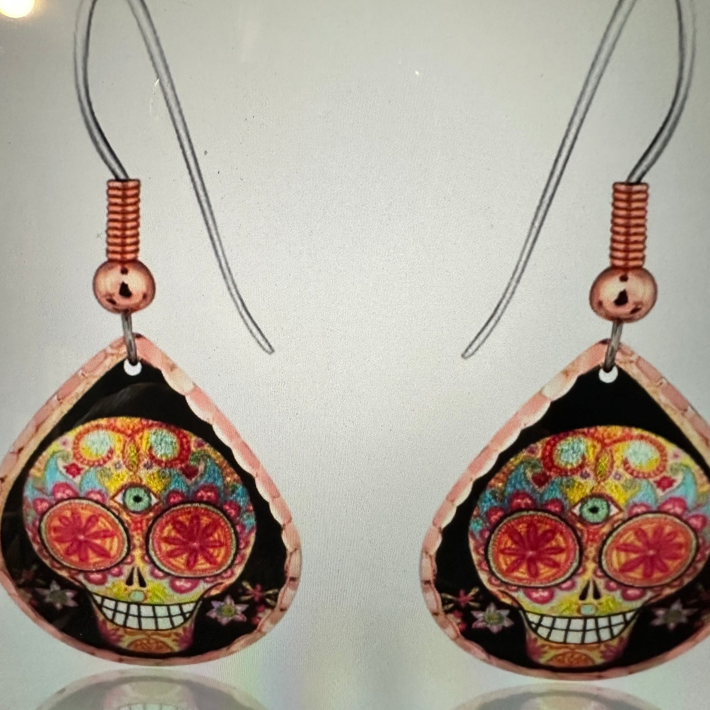 Handmade Boho Copper Earrings, Day of The Dead Wire Earrings, Gift Box - Silver Elegant