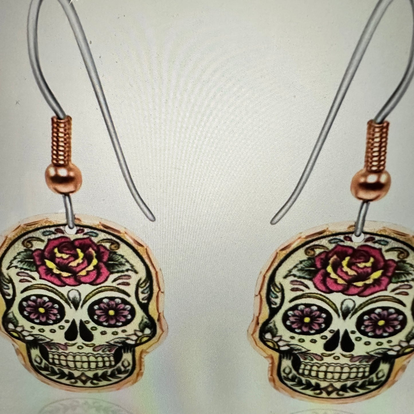 Handmade Boho Copper Earrings, Day of The Dead Rose Wire Earrings, Gift Box - Silver Elegant
