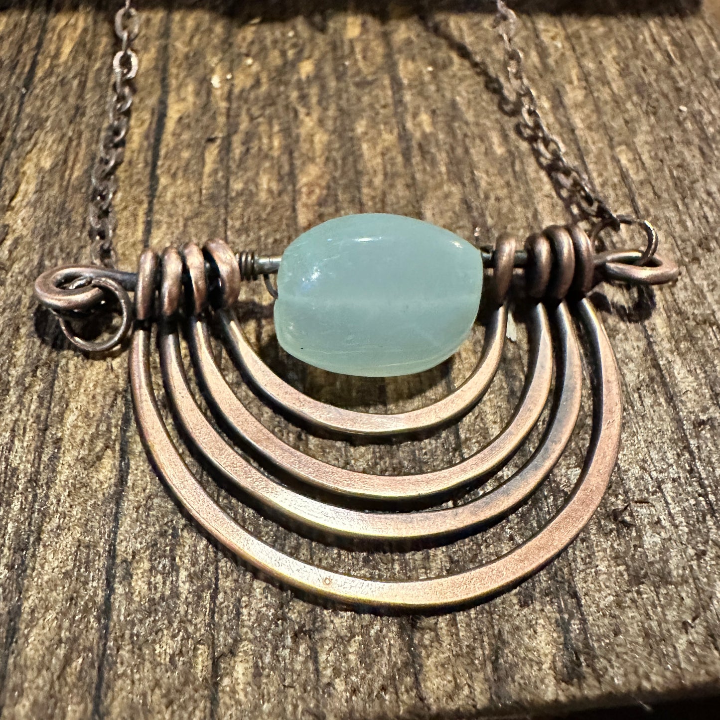 Handcrafted Boho Banjara Copper Arcs Necklace with Aventurine Stone, Gift Box - Silver Elegant