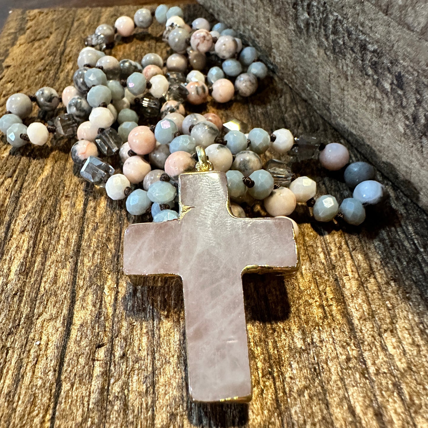 Handcrafted Bohemian Natural Stone Glass Knot Necklace Cross Pendant Necklace, Gift Box - Silver Elegant