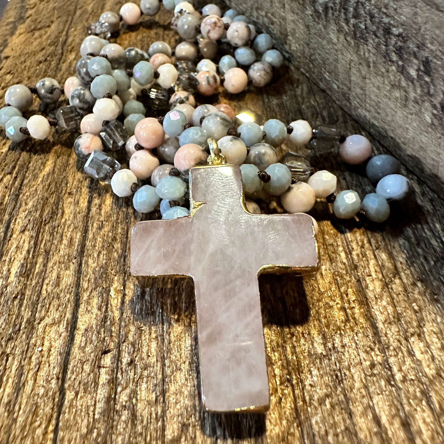 Handcrafted Bohemian Natural Stone Glass Knot Necklace Cross Pendant Necklace, Gift Box - Silver Elegant