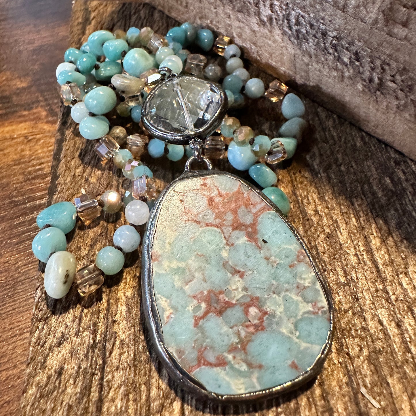 Handmade Boho Natural Stone Bead Necklace, Green Agate Pendant Necklace, Gift Box - Silver Elegant