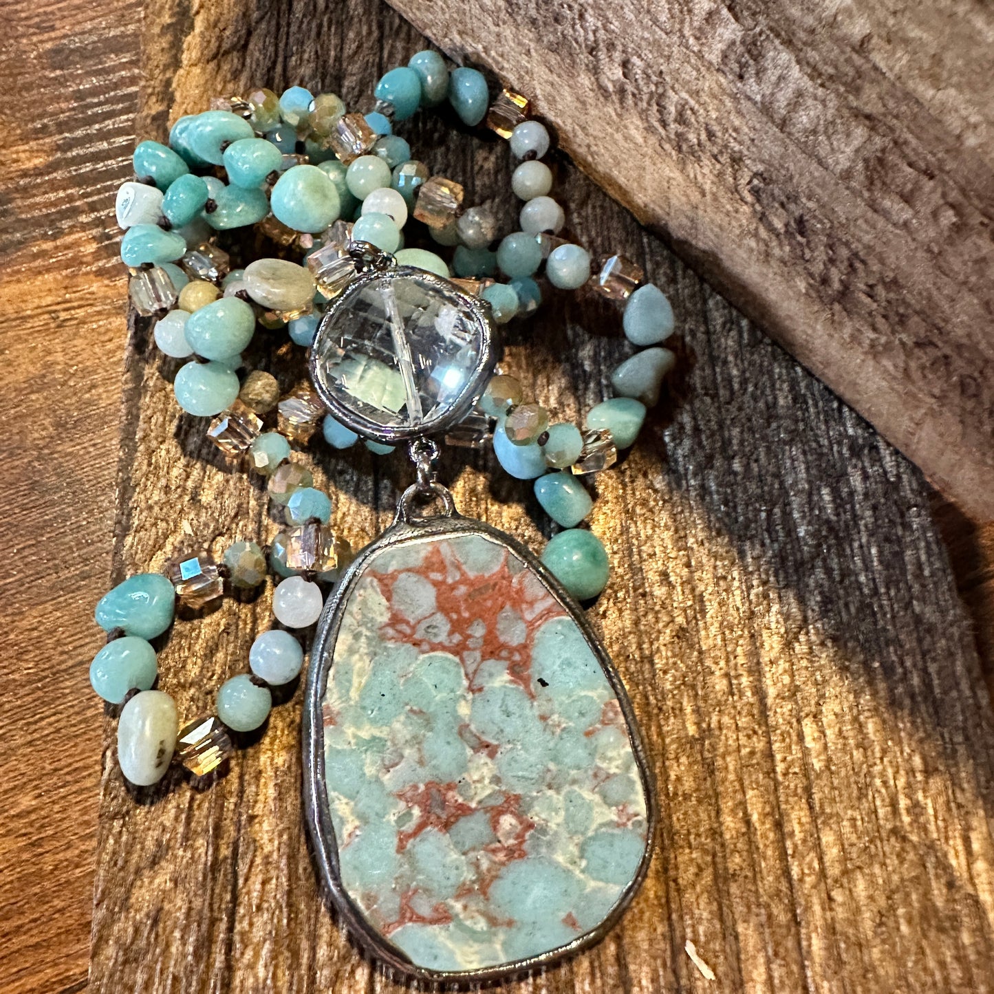 Handmade Boho Natural Stone Bead Necklace, Green Agate Pendant Necklace, Gift Box - Silver Elegant
