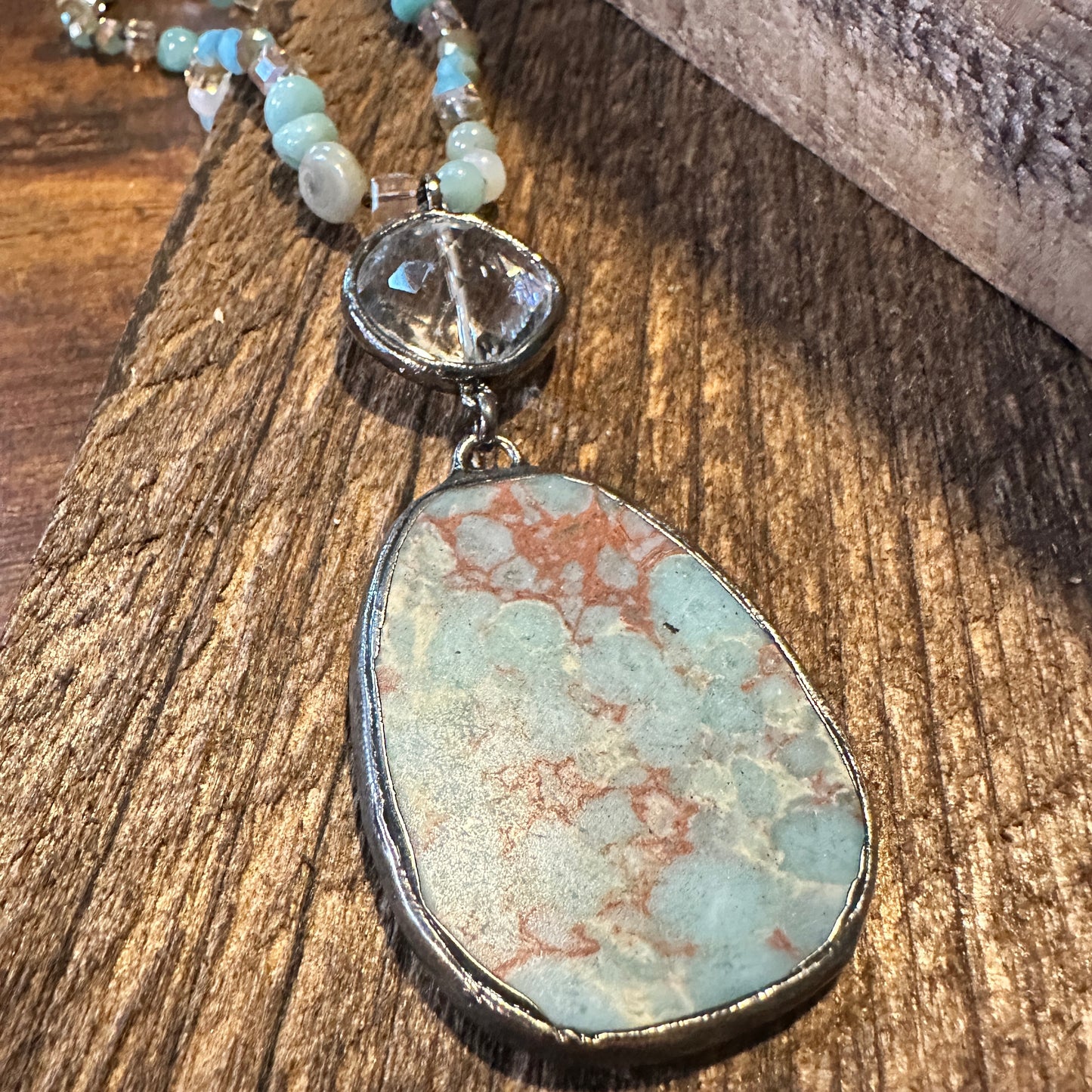 Handmade Boho Natural Stone Bead Necklace, Green Agate Pendant Necklace, Gift Box - Silver Elegant