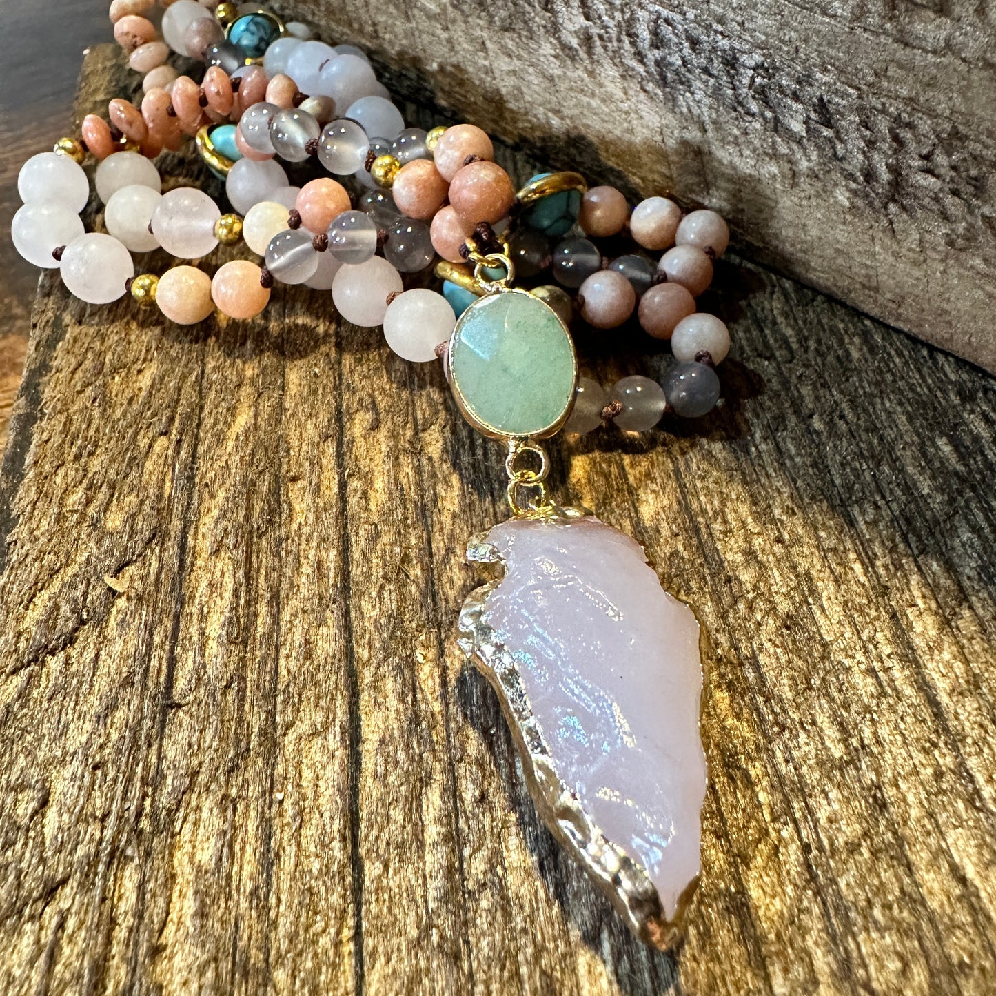 Handmade Boho Natural Stone Bead Necklace, Arrow Pendant Necklace, Gift Box - Silver Elegant