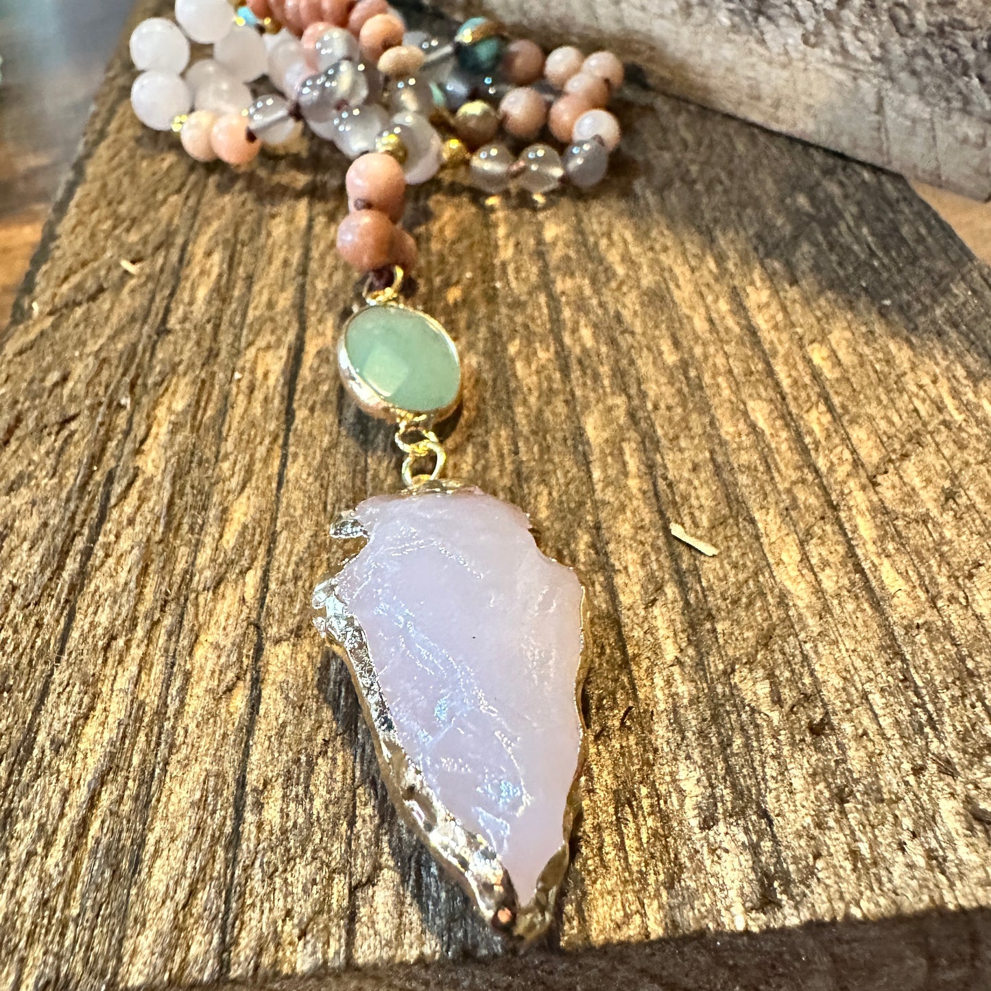 Handmade Boho Natural Stone Bead Necklace, Arrow Pendant Necklace, Gift Box - Silver Elegant
