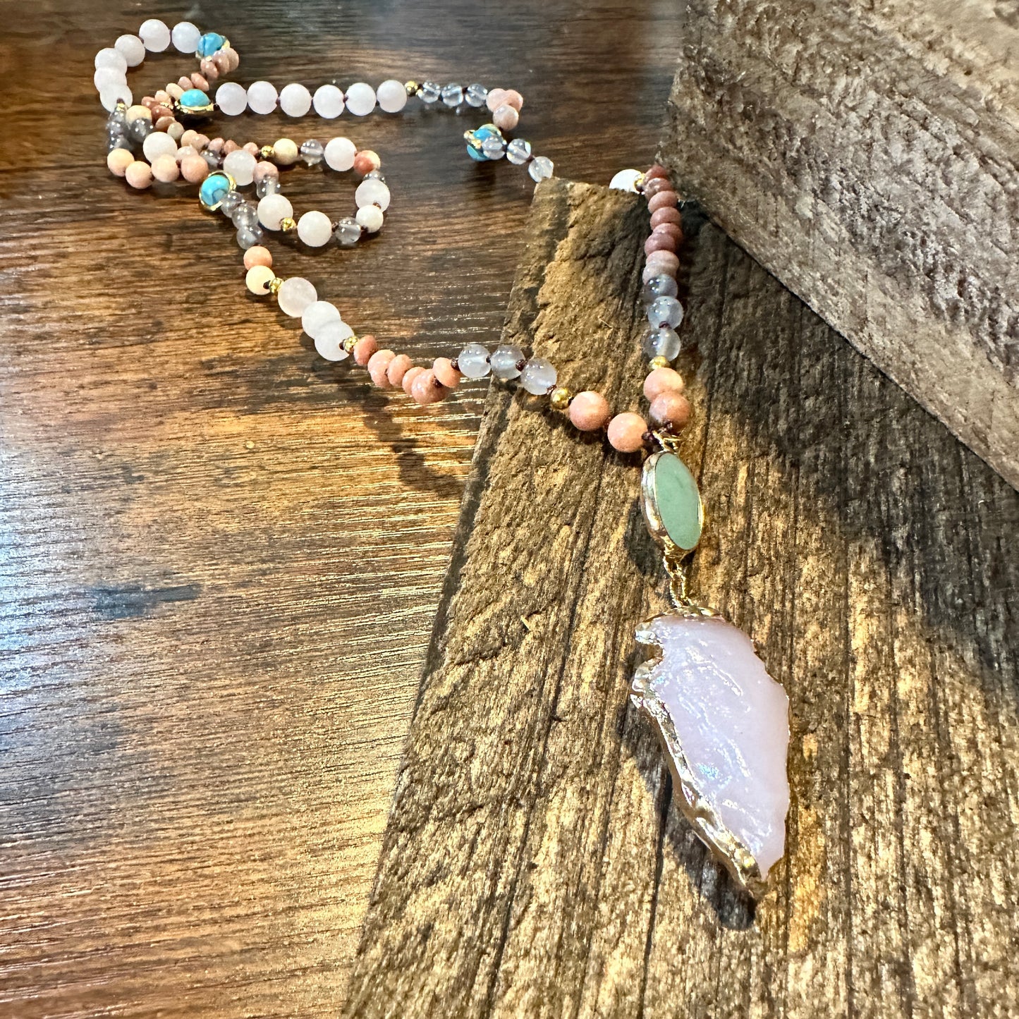 Handmade Boho Natural Stone Bead Necklace, Arrow Pendant Necklace, Gift Box - Silver Elegant