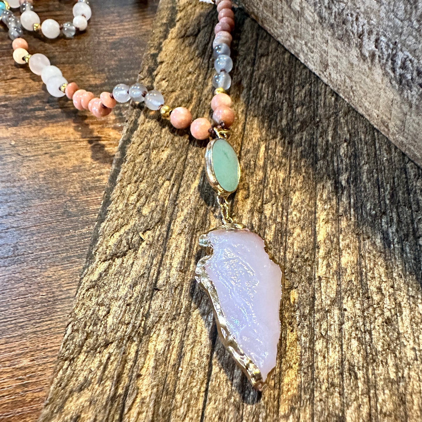 Handmade Boho Natural Stone Bead Necklace, Arrow Pendant Necklace, Gift Box - Silver Elegant