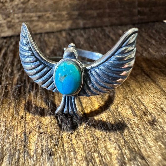 Eagle Emblem Turquoise Sterling Silver Ring – Handcrafted Native American Jewelry in Gift Box - Silver Elegant