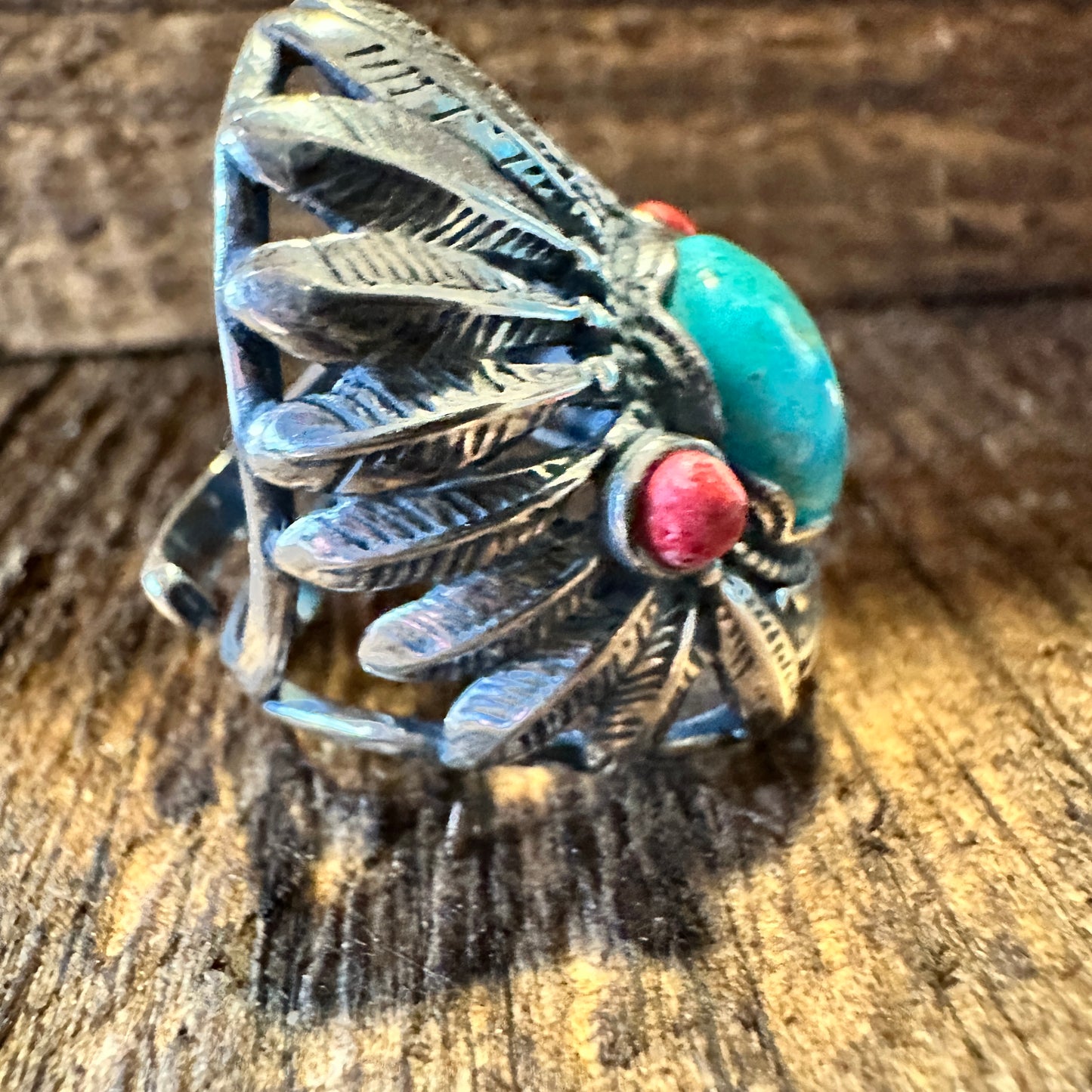 Turquoise Cuff Ring Inspired by Native American Headdress, Genuine Sterling Silver & Turquoise, Gift-Ready Packaging - Silver Elegant