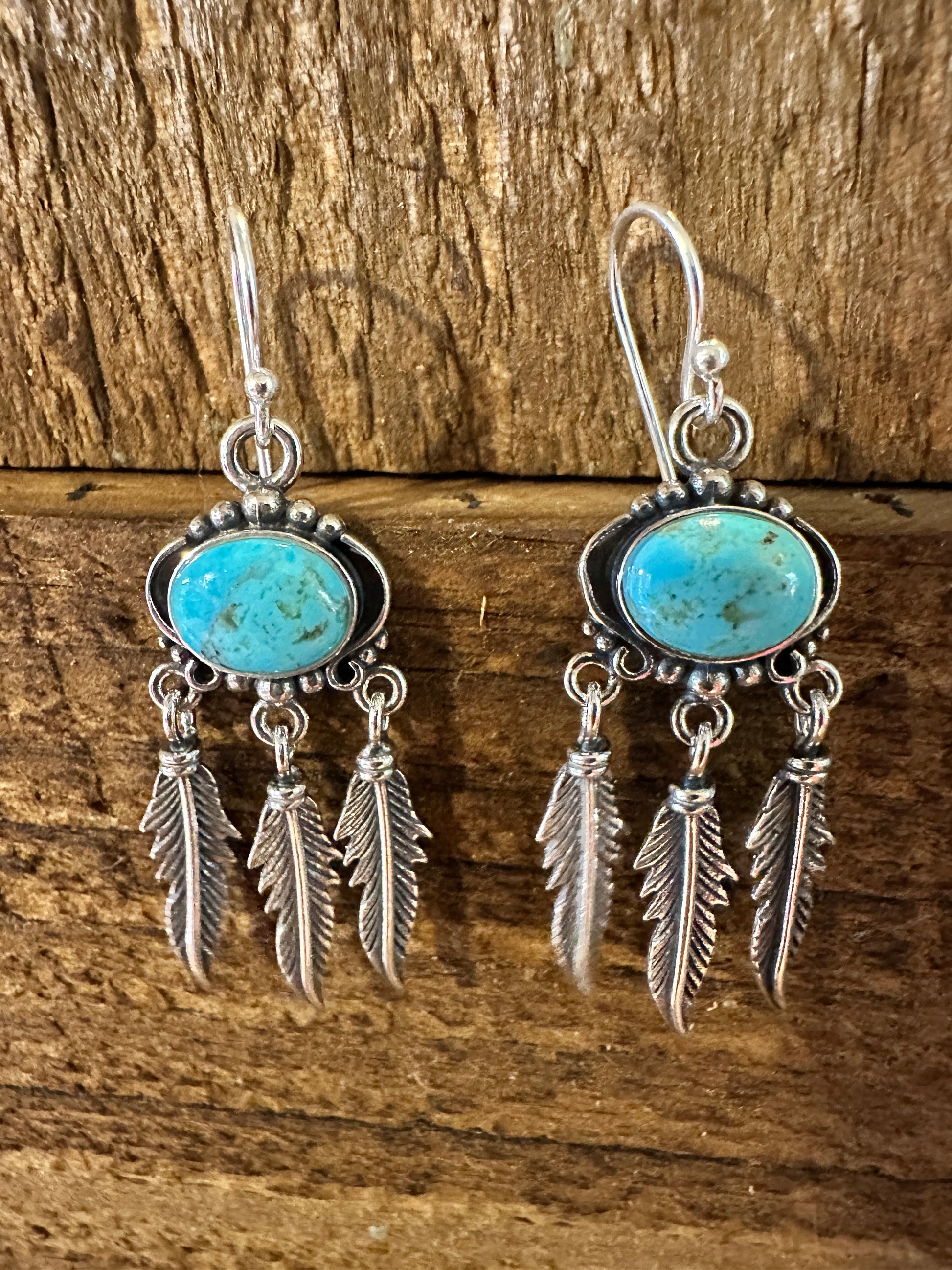Navajo Sterling Silver & Turquoise Feather Dangle Earrings in Gift Box - Silver Elegant