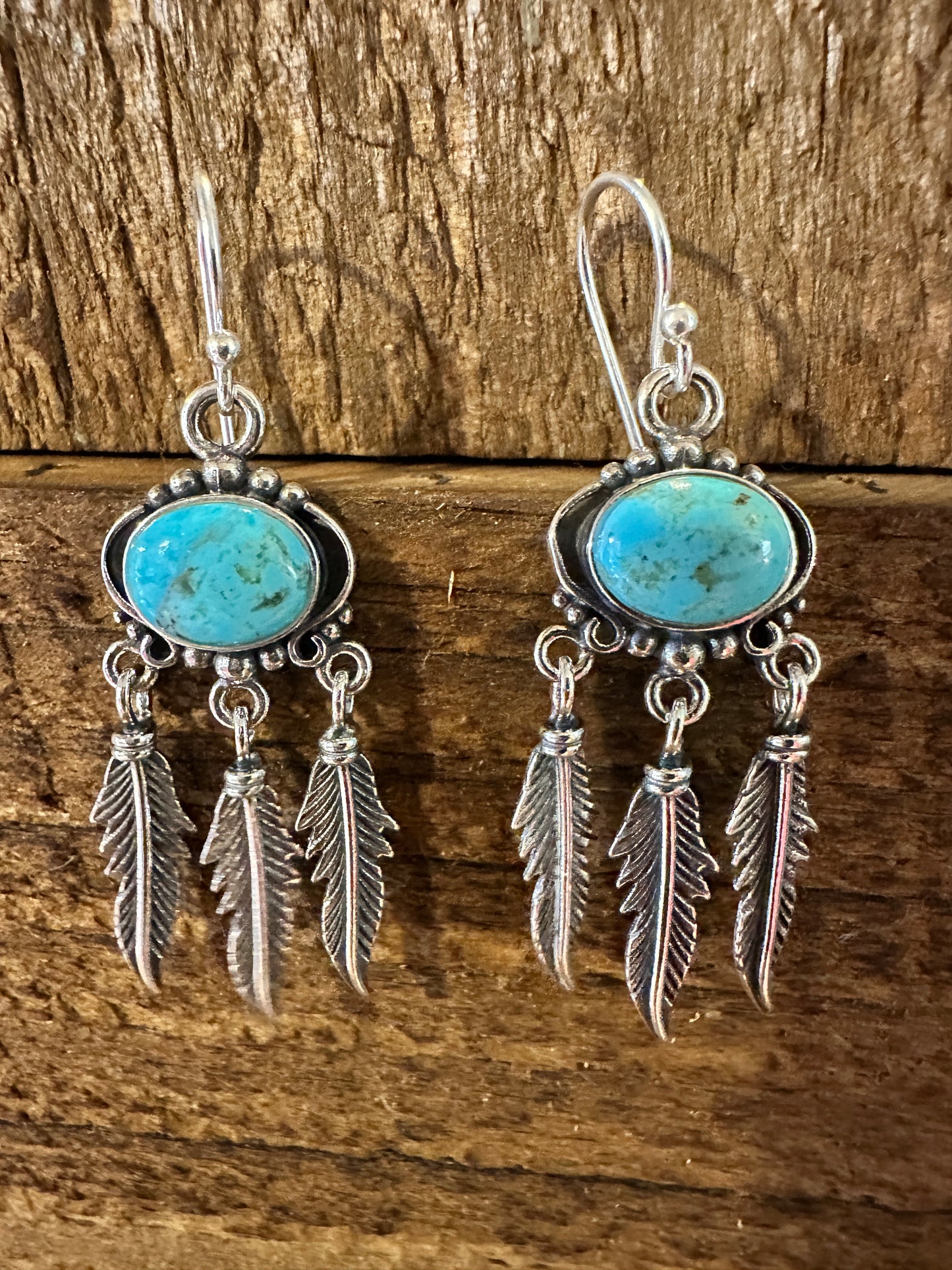 Navajo Sterling Silver & Turquoise Feather Dangle Earrings in Gift Box - Silver Elegant